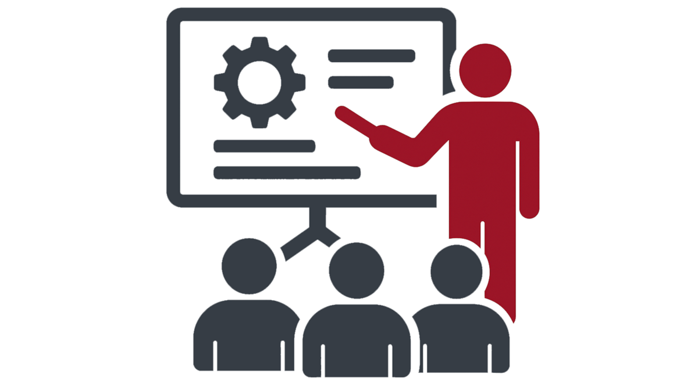 Illustration of a faculty member in a classroom of students with a screen containing a gear icon.