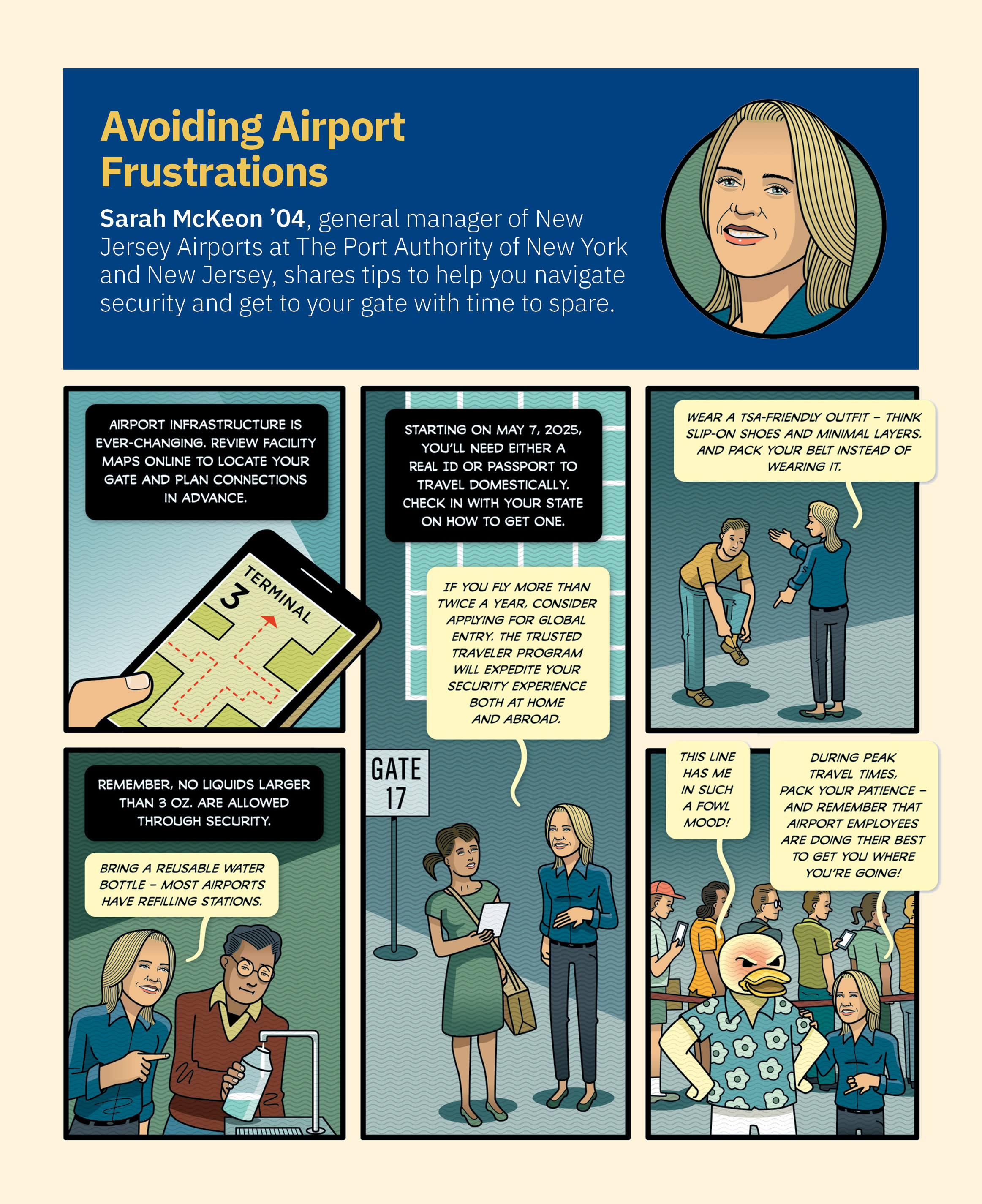 Cartoon panels illustrating how to avoid airport frustrations