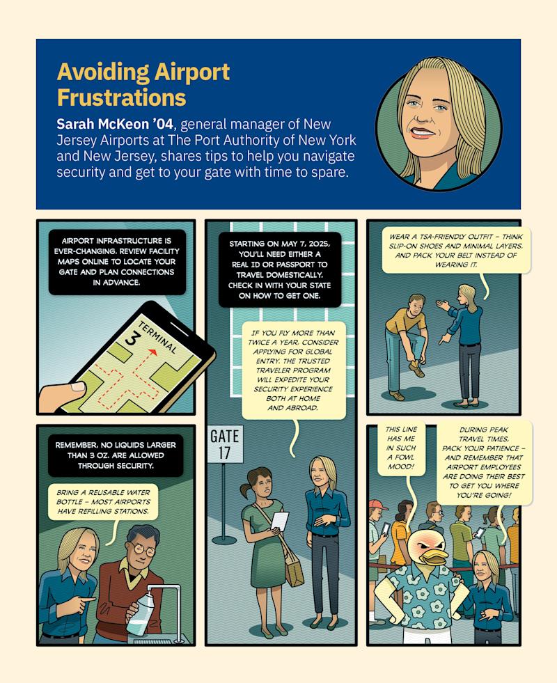 Cartoon panels illustrating how to avoid airport frustrations