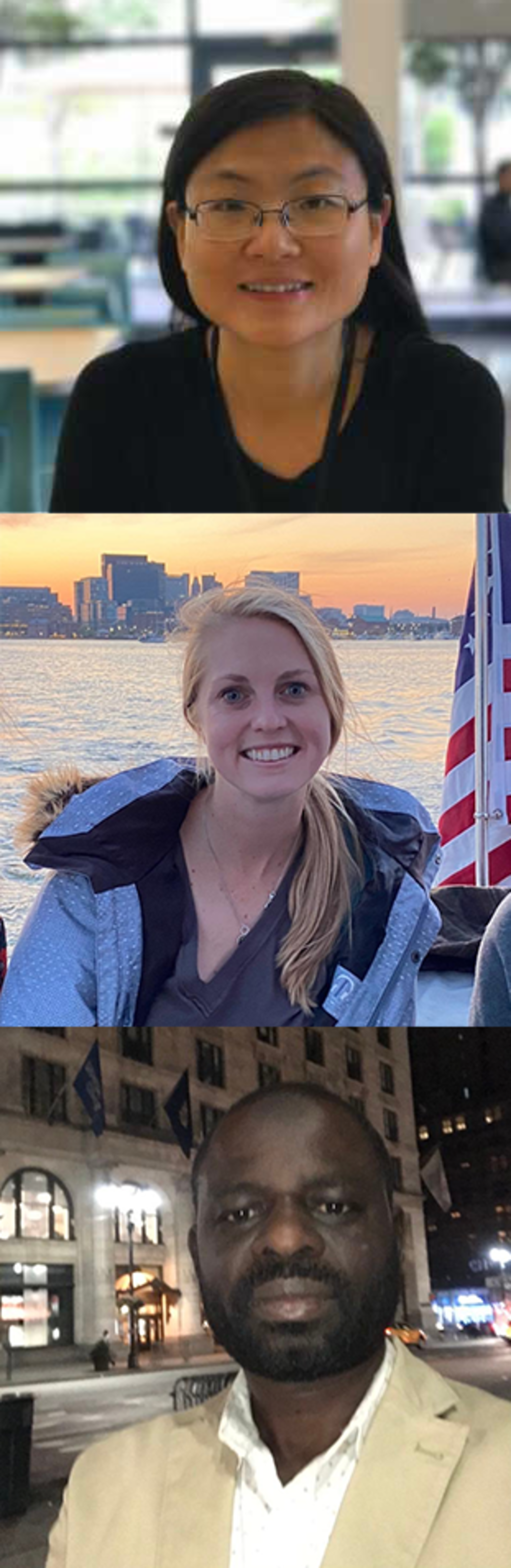 From top to bottom: Professor Ying Wang, Savannah Bergen ’22 and Aboubacar Diawara ’21