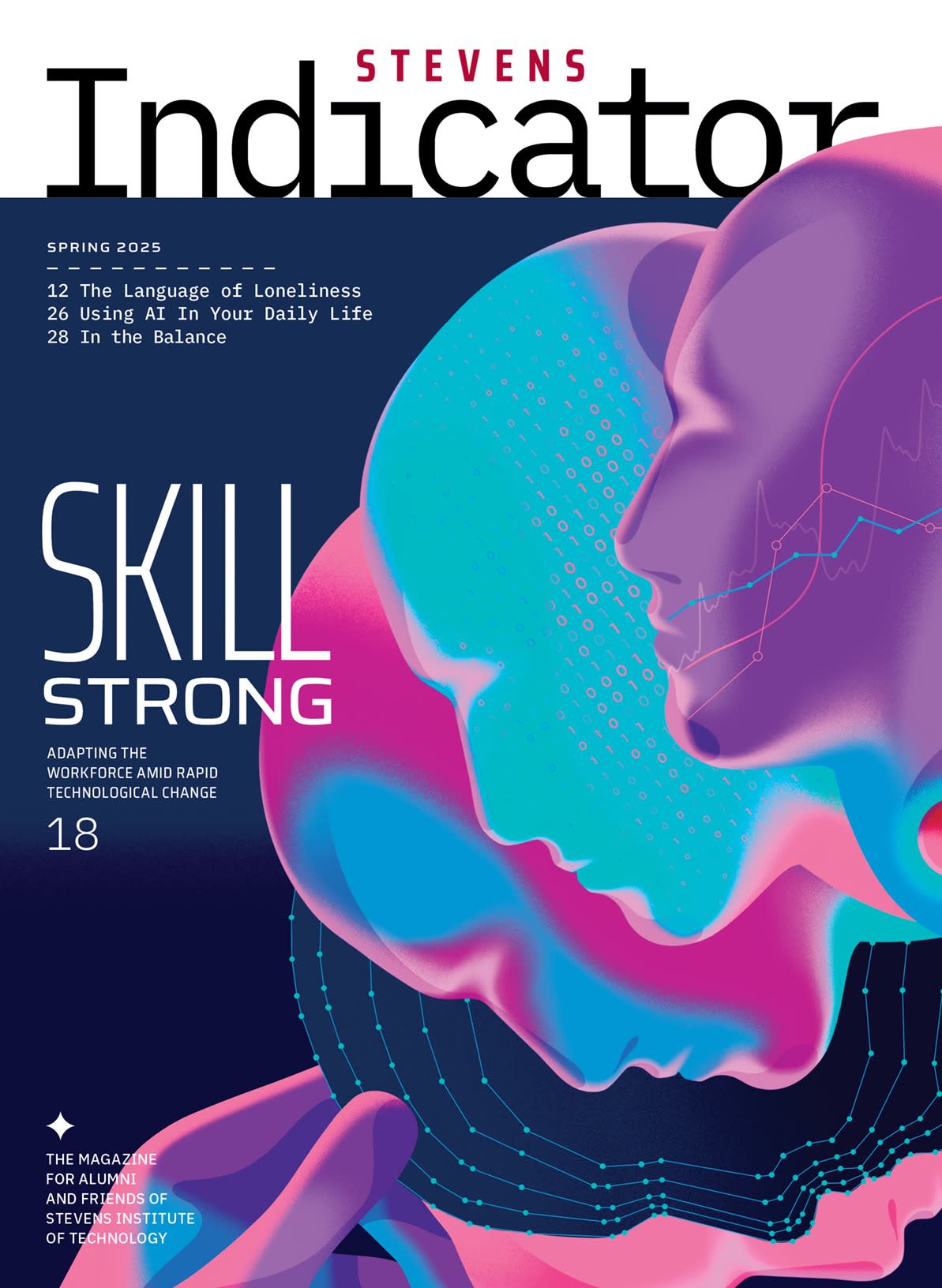 Cover of the Stevens Indicator, with title "Skill Strong" and illustrations of colored heads.