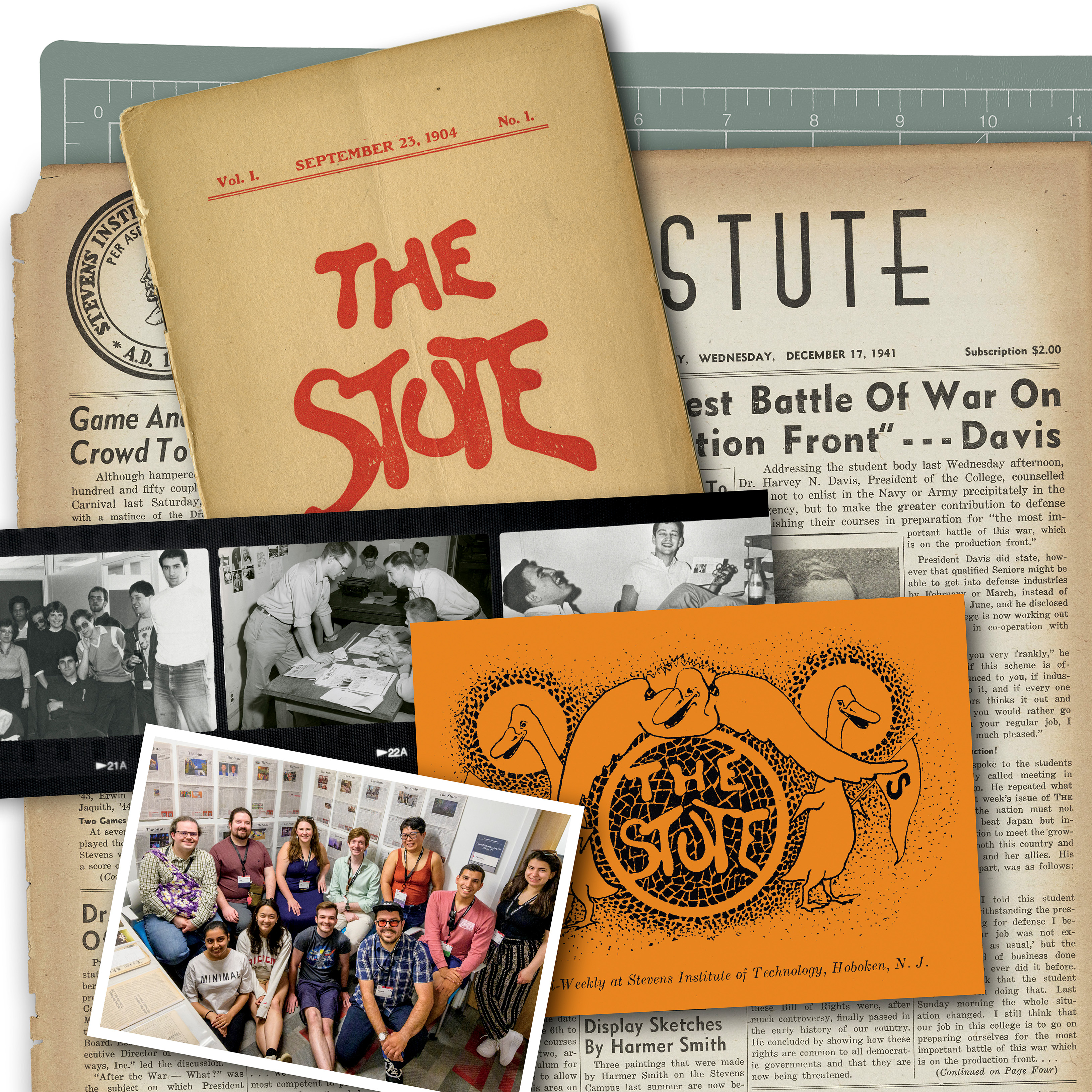 Collage of past issues of the Stute, as well as old photos.