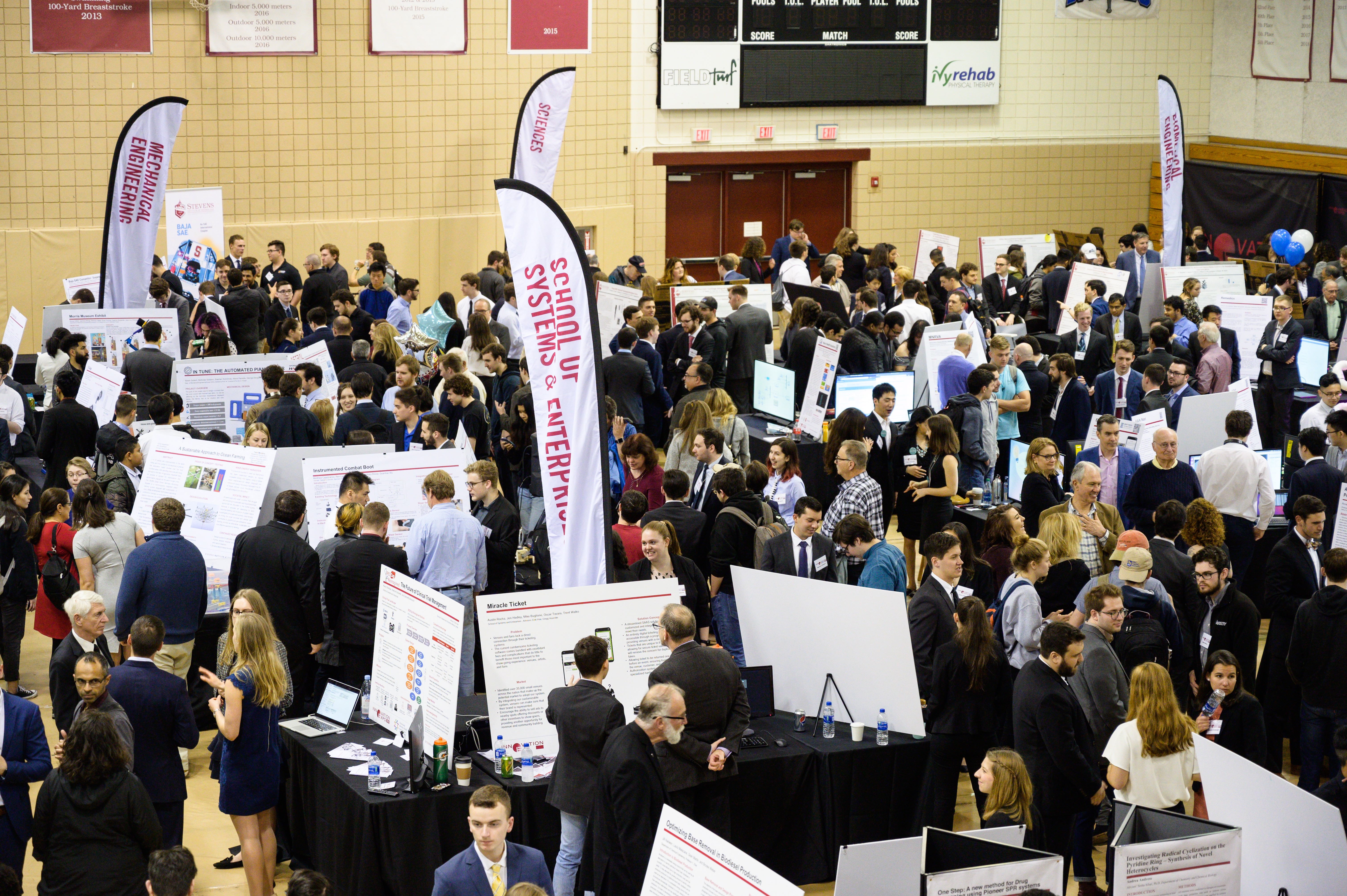 Inside Schaefer Athletic Center, one of the venues on the Stevens campus displaying senior design projects