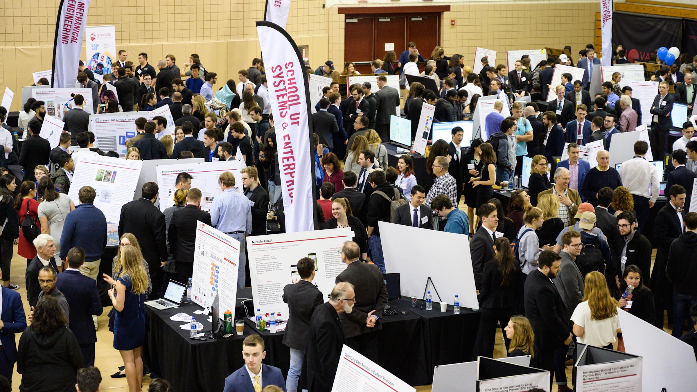 Inside Schaefer Athletic Center, one of the venues on the Stevens campus displaying senior design projects