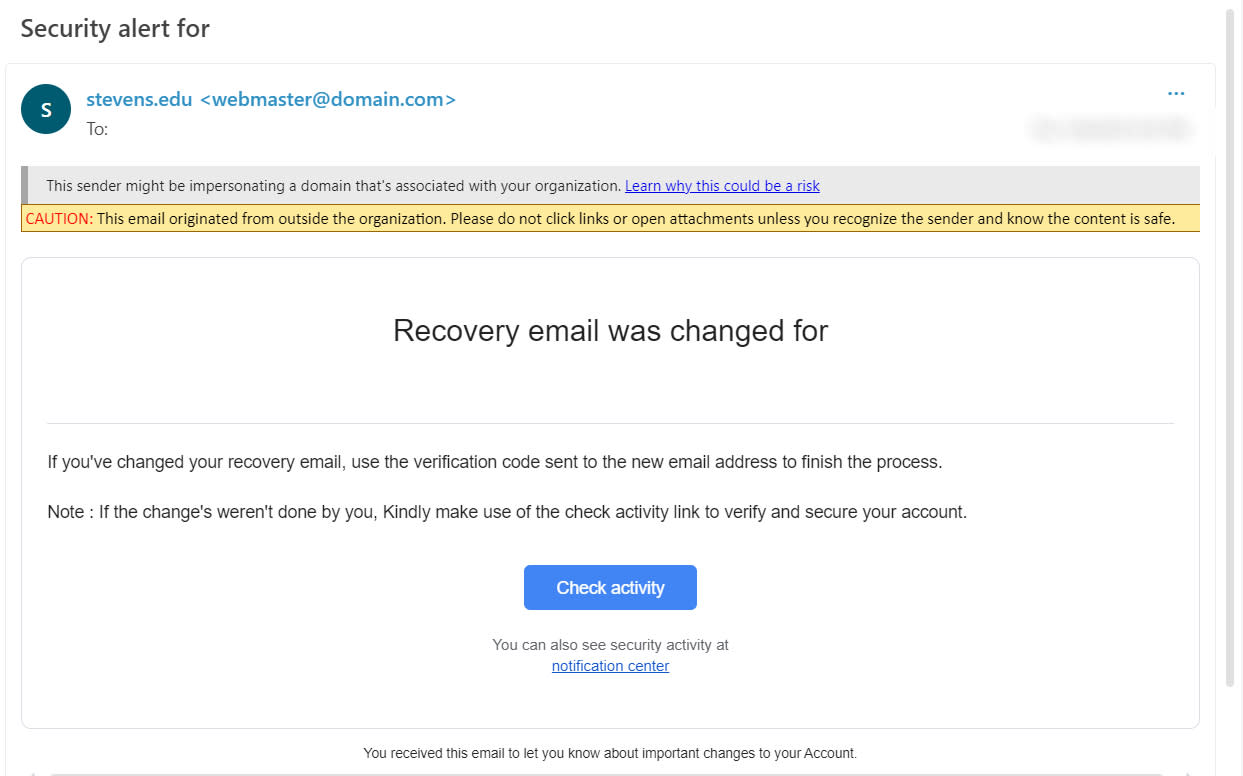 Image of Stevens phishing email