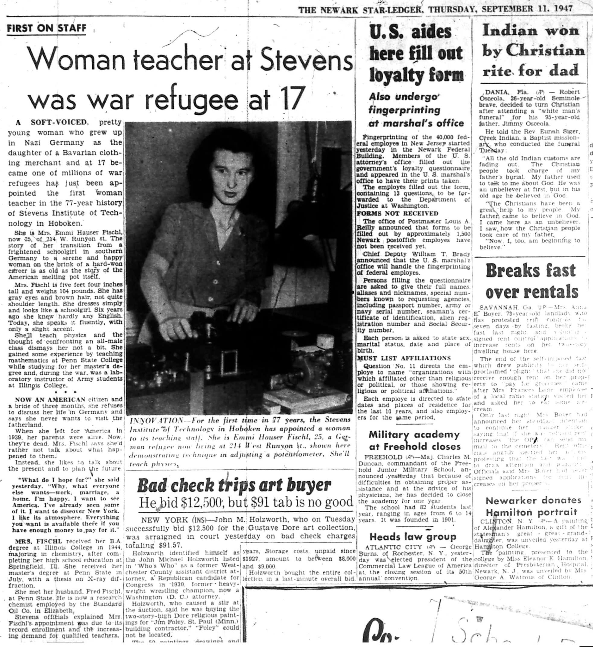 Old newspaper with article titled "Woman teacher at Stevens was war refugee at 17" and image of Fischl.