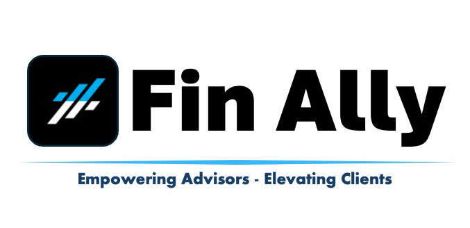 Logo for the "Fin Ally" product made up of a rounded black box with four blue and white lines inside and the name spelled out to the right. 