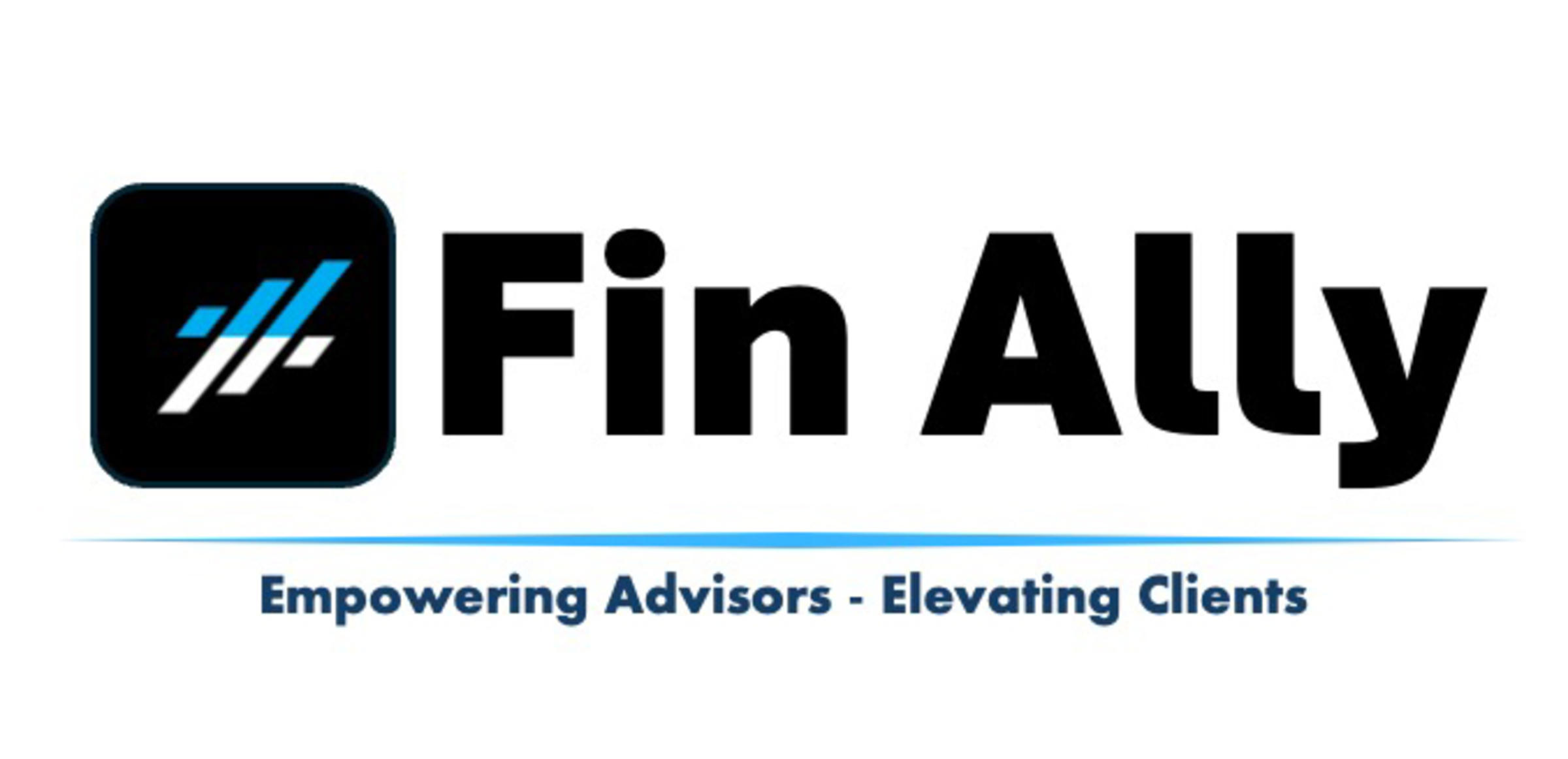Logo for the "Fin Ally" product made up of a rounded black box with four blue and white lines inside and the name spelled out to the right.