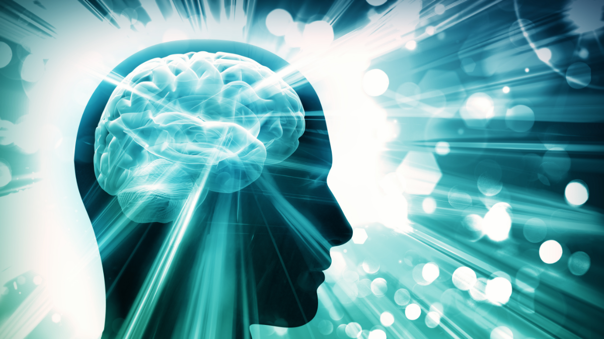 An illustration of a brain with lights emanating to/from it