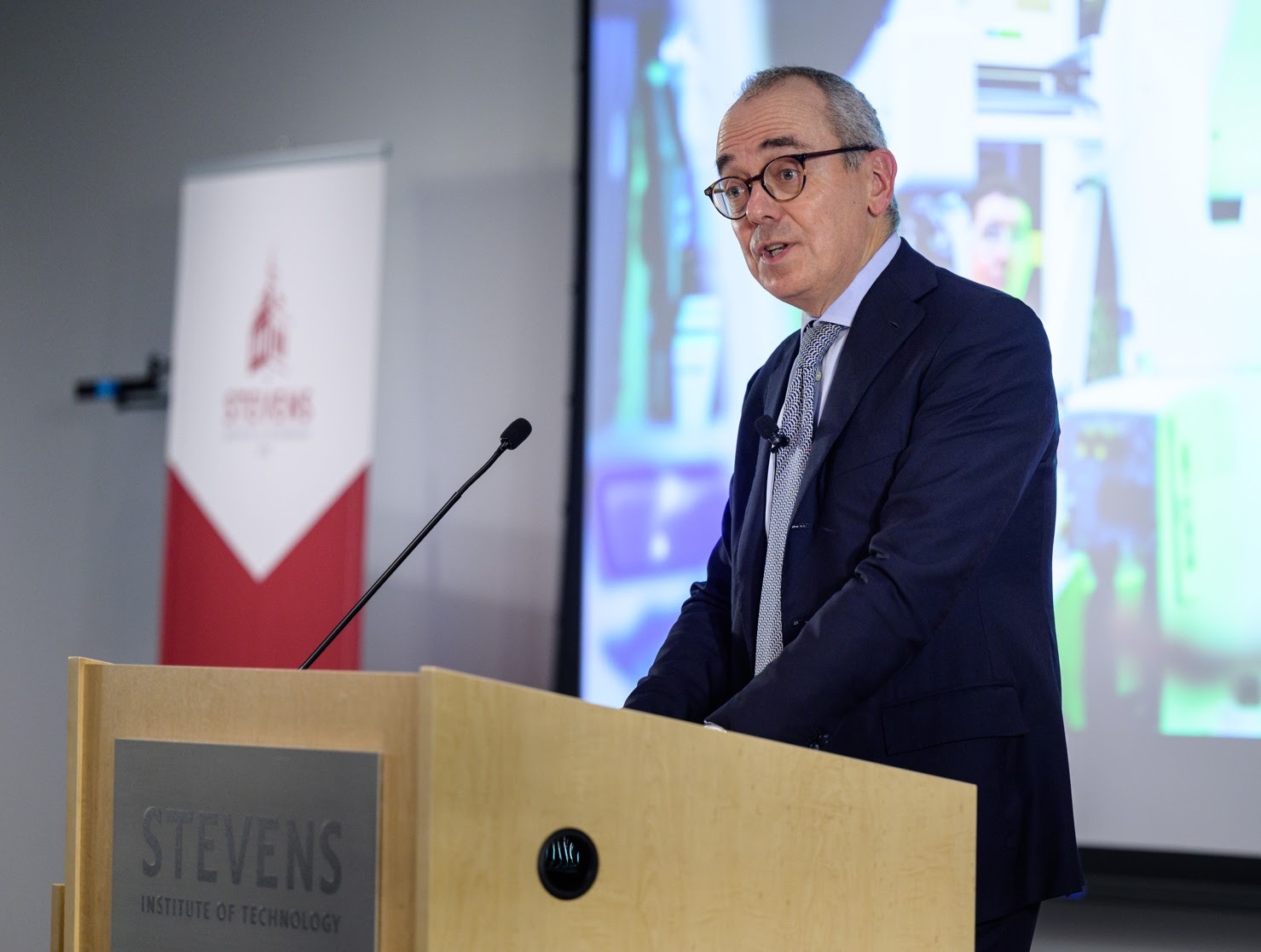 Bristol Myers Squibb CEO Giovanni Caforio speaking at Stevens