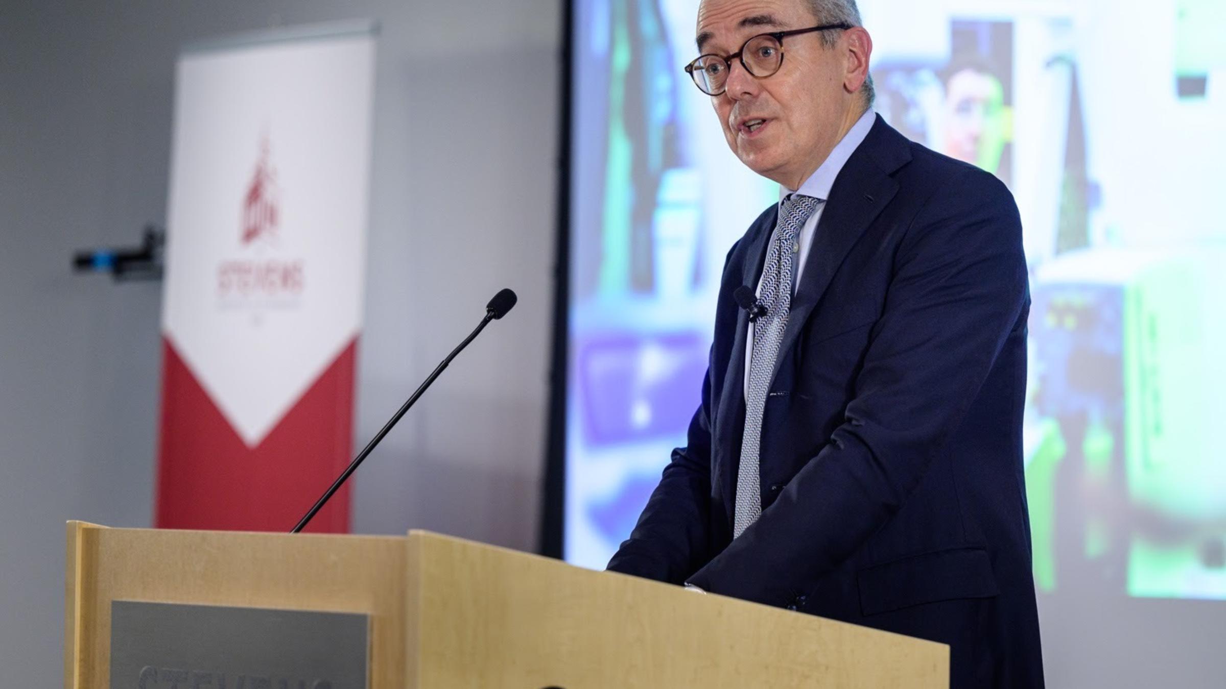 Bristol Myers Squibb CEO Giovanni Caforio speaking at Stevens