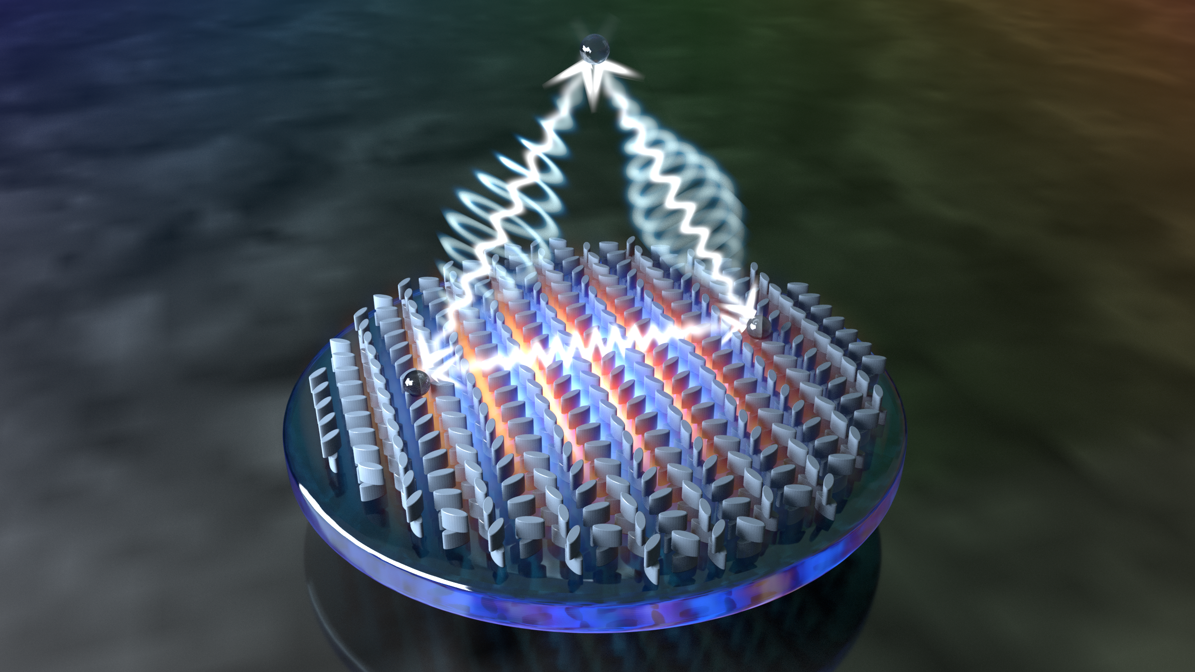 A computer-generated graphic representing a nonlocal metasurface: depicted as a circular "wafer" with an uneven surface, and a triangle of light waves reaching up from the wafer to a small sphere. The background looks like dark water.