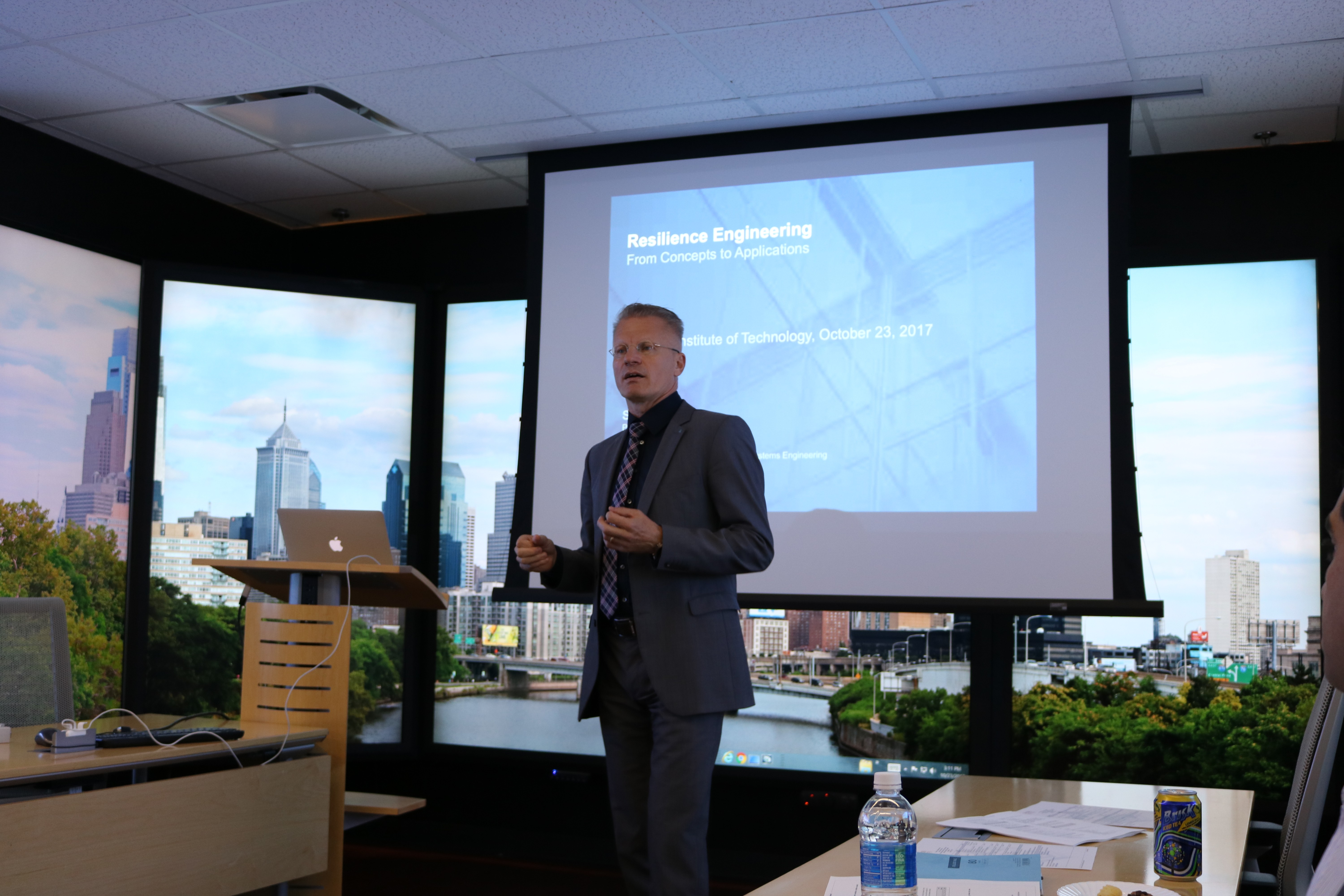 Dr. Stefan Hiermaier speaks before an audience at Stevens