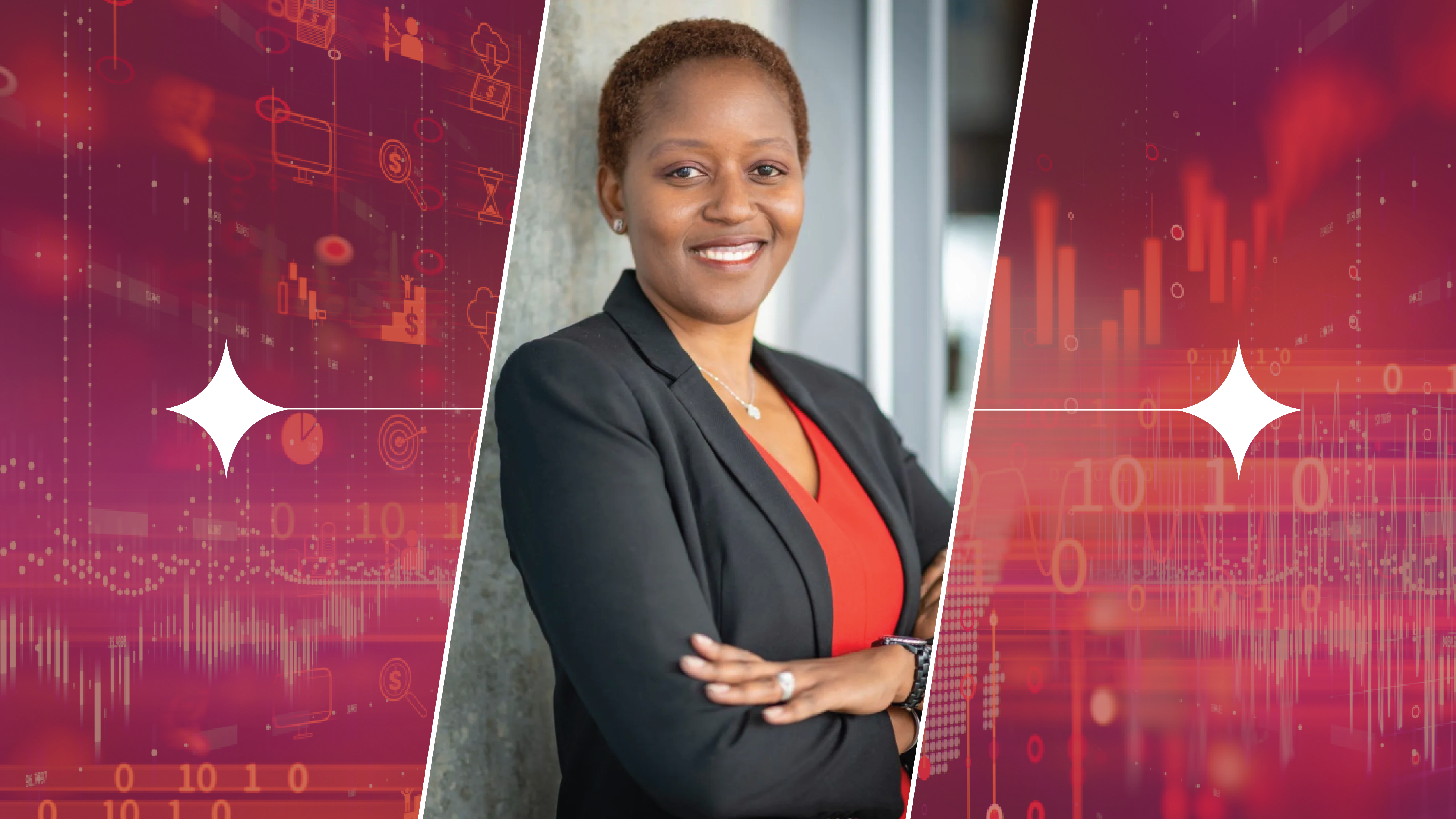 Headshot of Christine Miller with side panels of red 