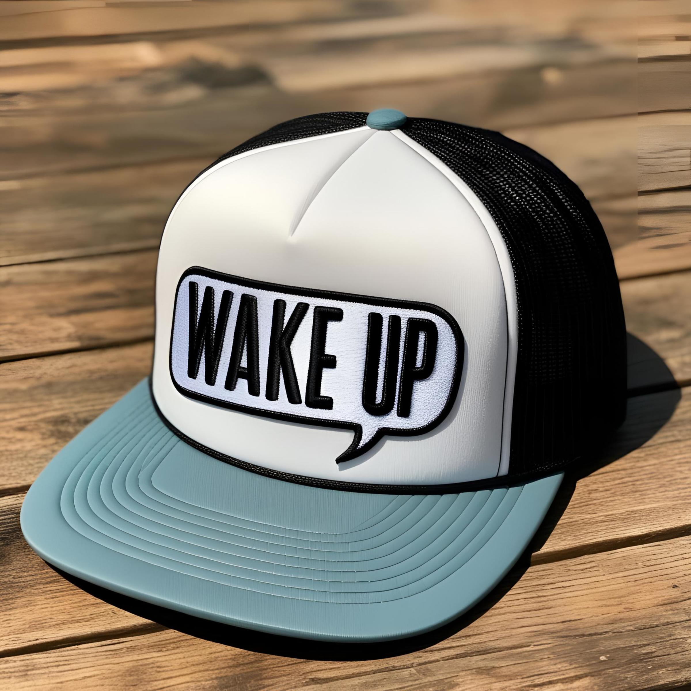 a trucker cap that says WAKE UP