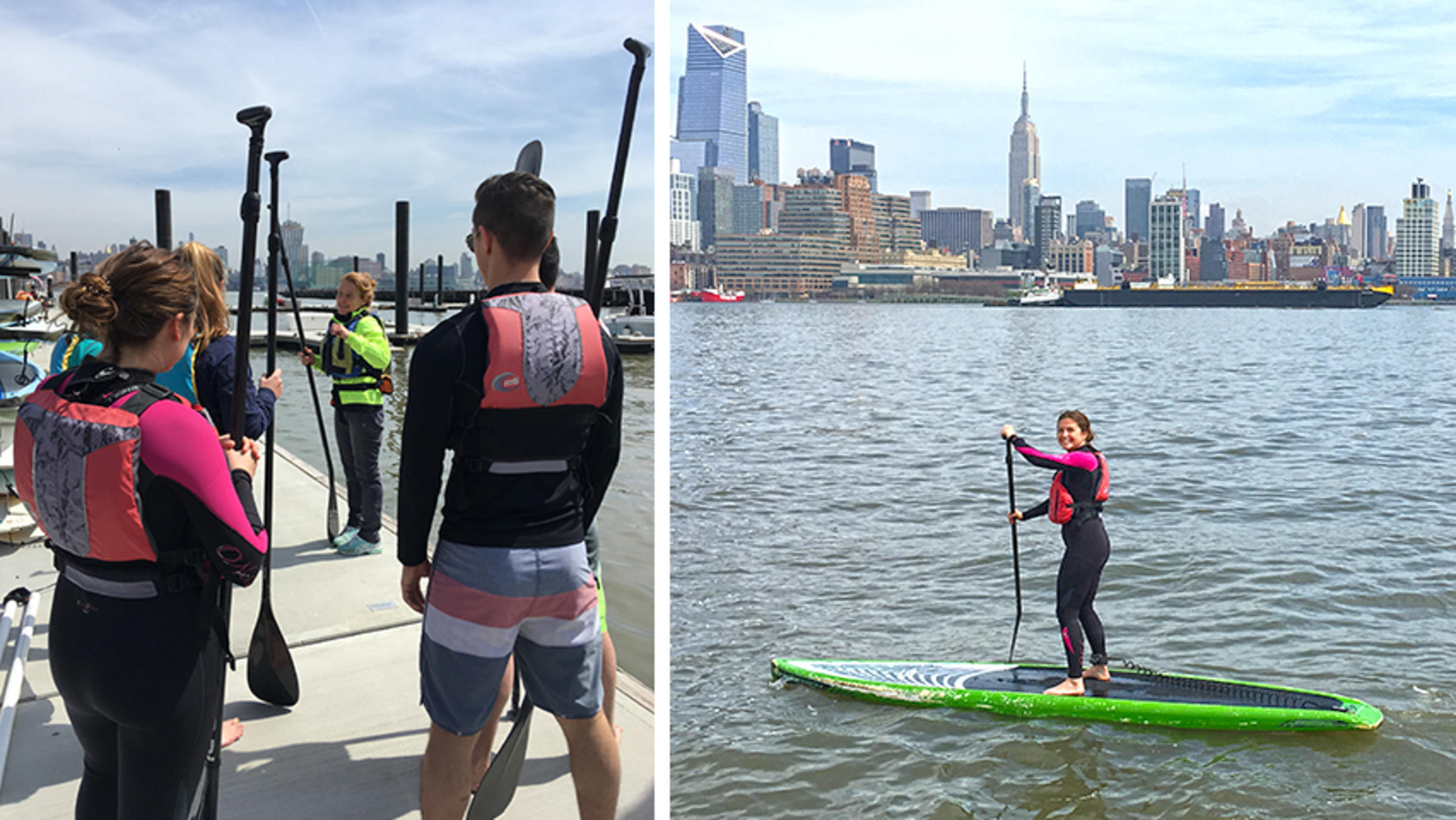 Students paddling on the Hudson River, with New York City visible in the background.