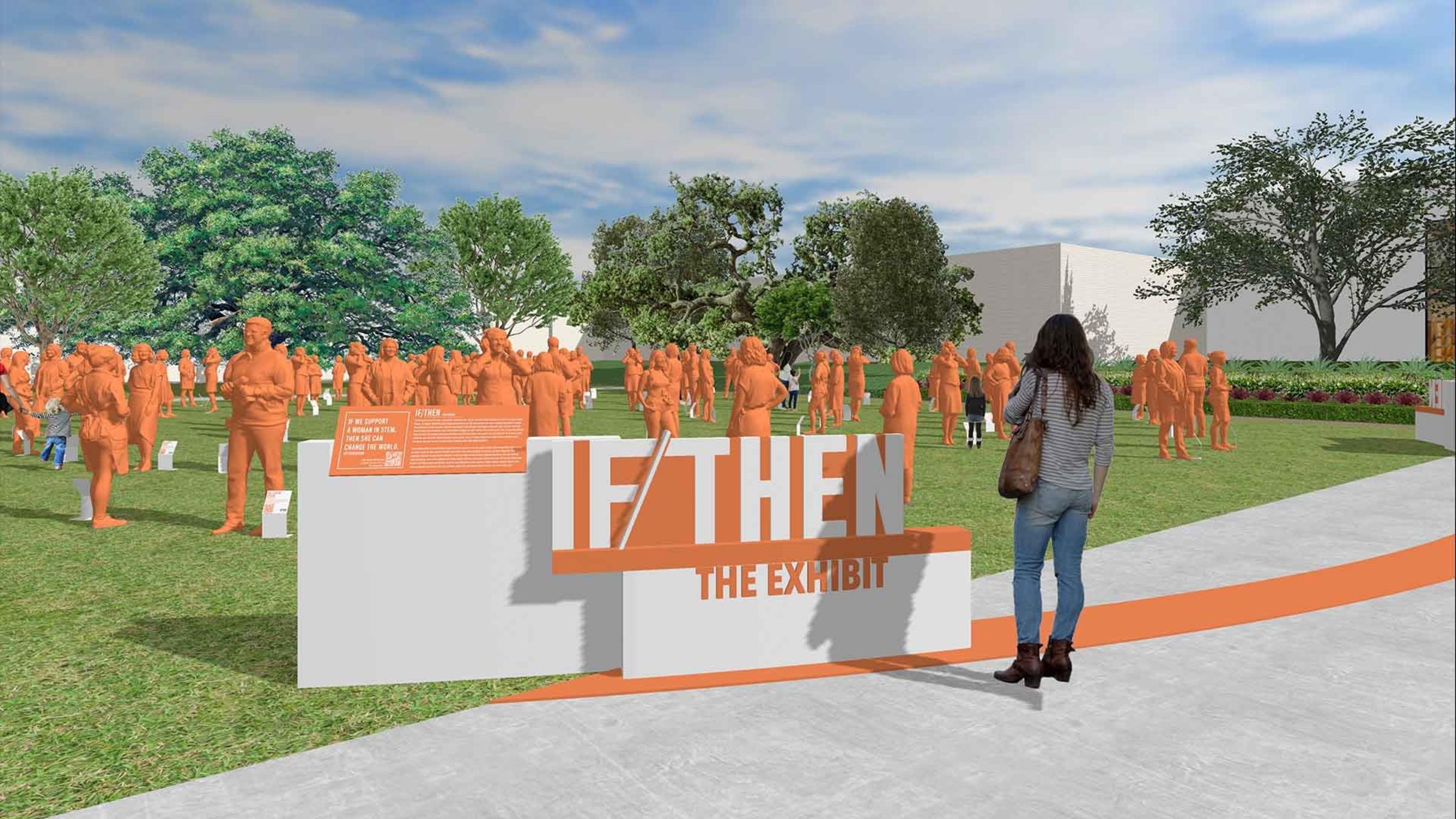 Orange statues of women in a park