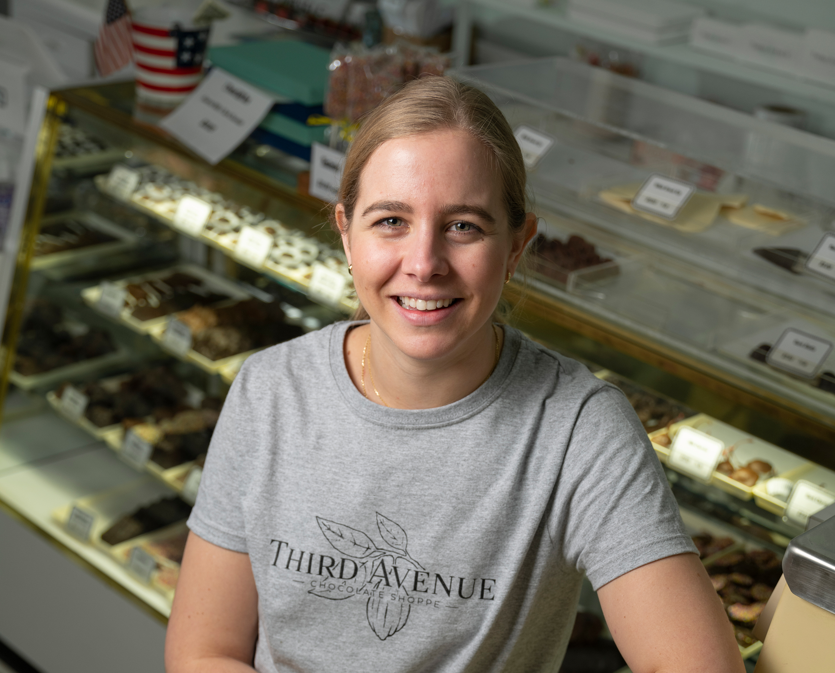 Portrait of Joyce Harris in Third Avenue Chocolate Shoppe.