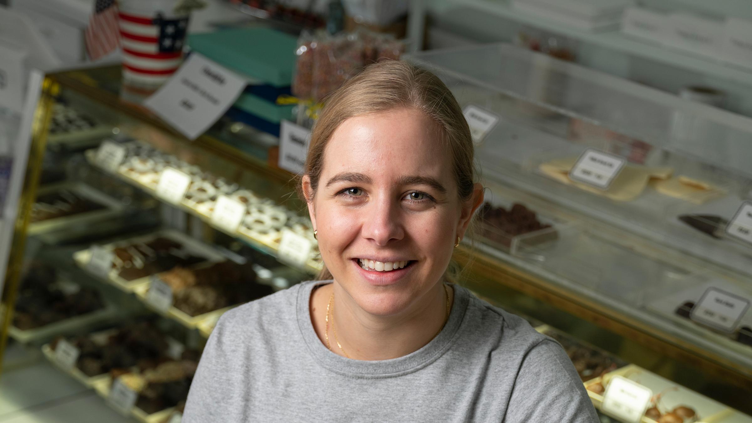 Portrait of Joyce Harris in Third Avenue Chocolate Shoppe.