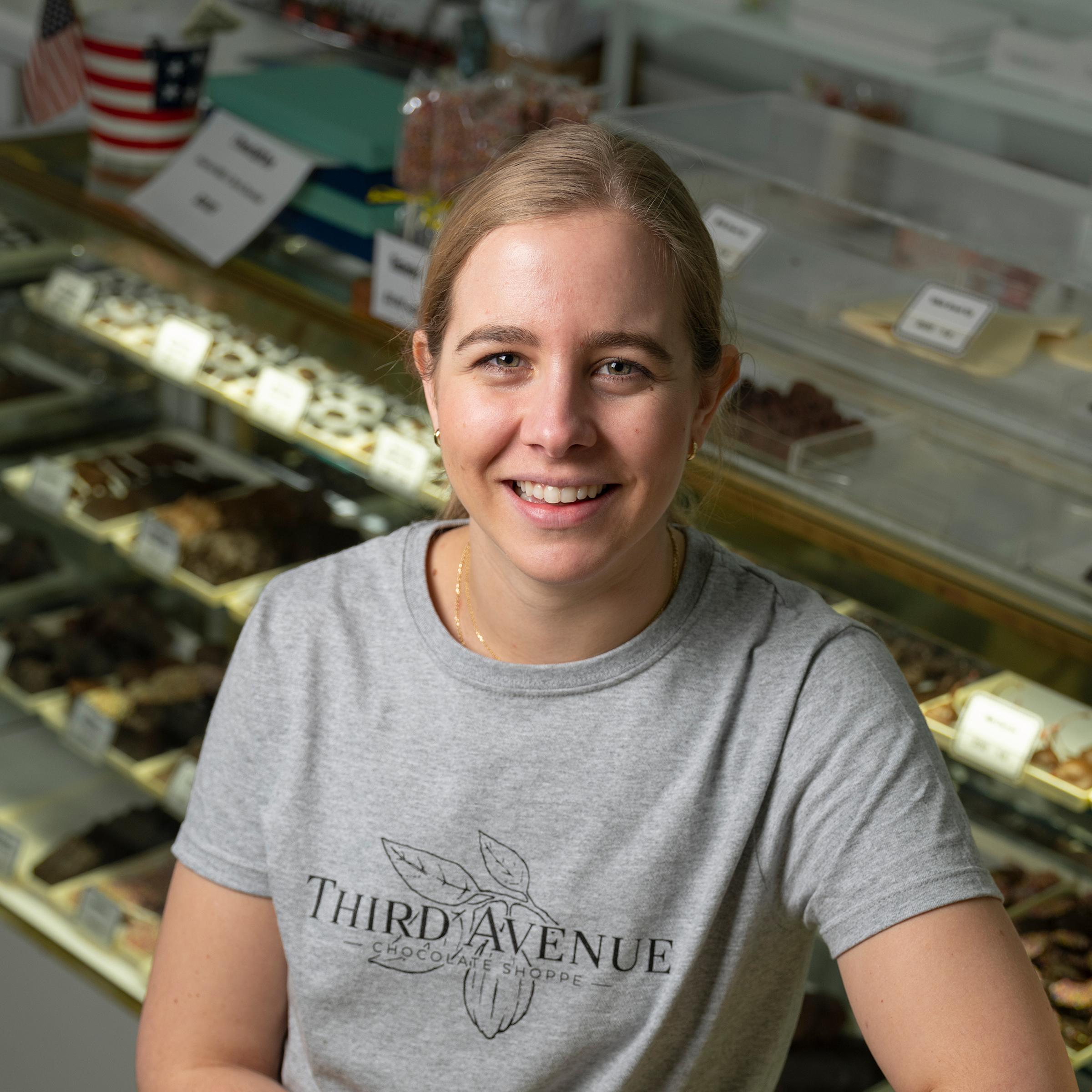 Portrait of Joyce Harris in Third Avenue Chocolate Shoppe.