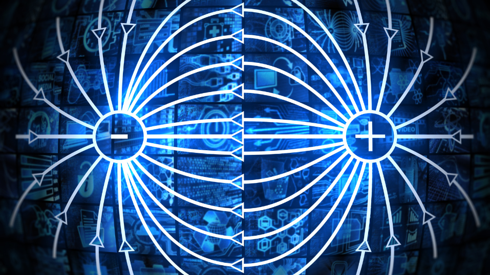 Illustration of electric field lines emanating from a positive charge and converging on a negative charge, set against a blue, digital background.