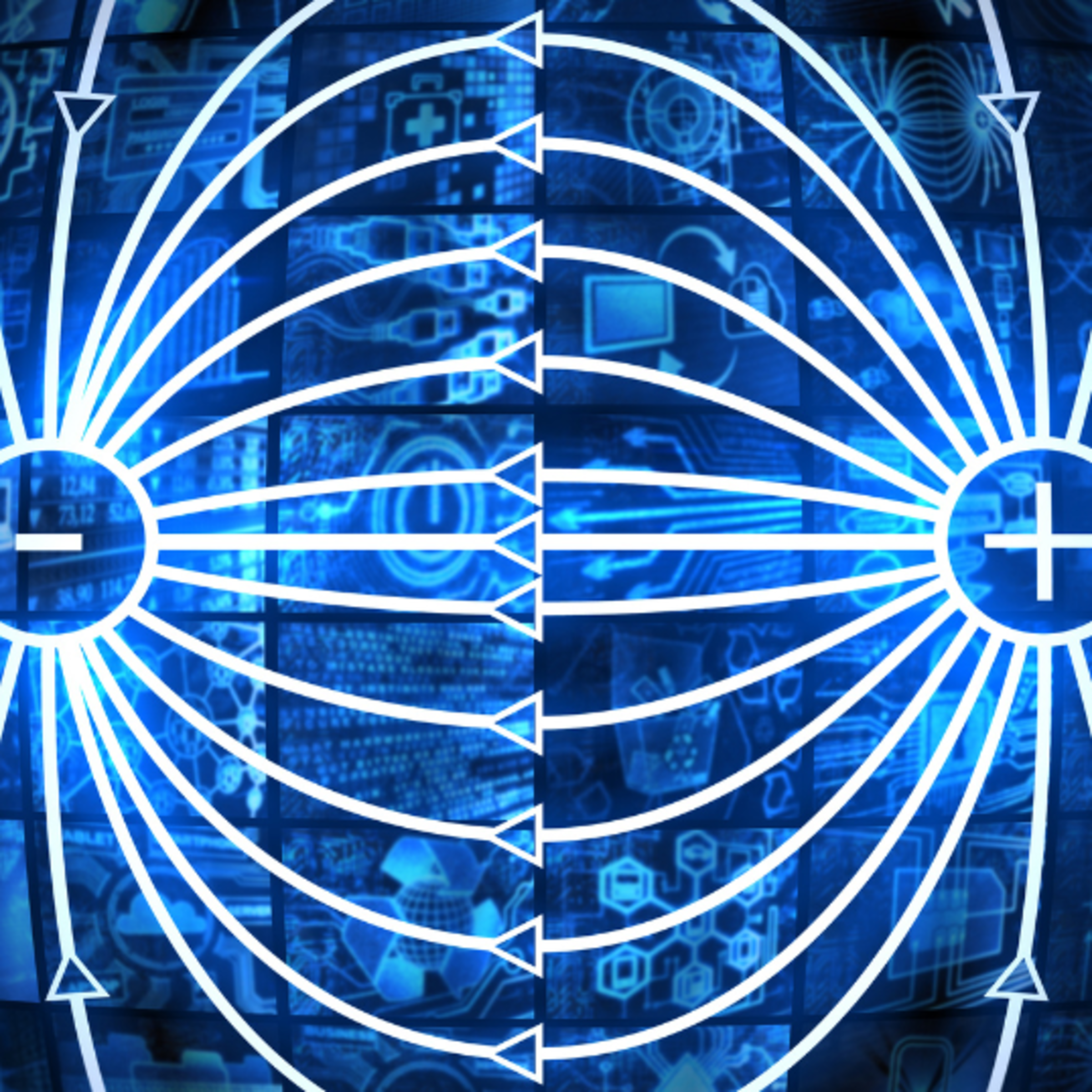 Illustration of electric field lines emanating from a positive charge and converging on a negative charge, set against a blue, digital background.