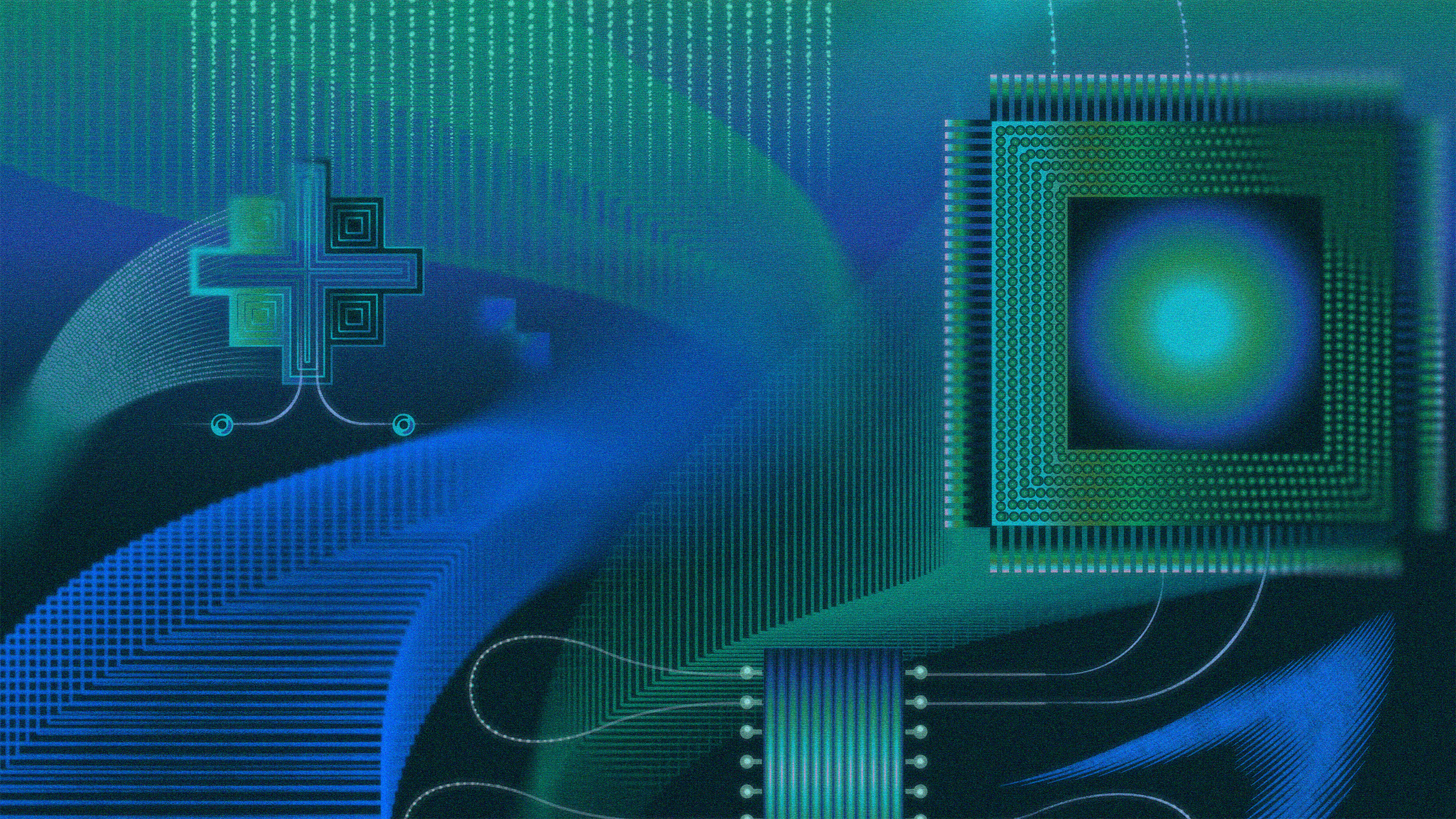 Abstract image showing computer chips connected by vector lines.