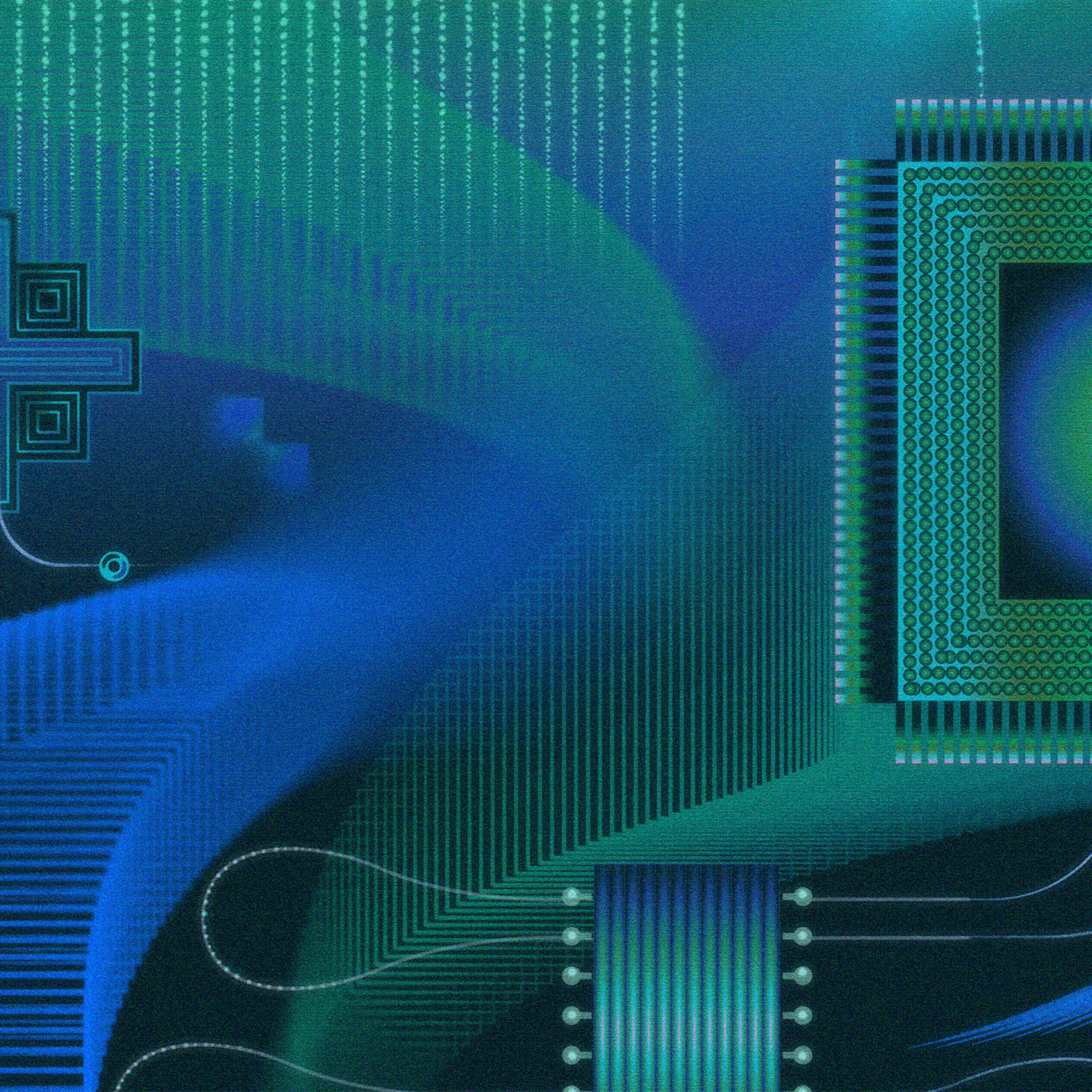 Abstract image showing computer chips connected by vector lines.