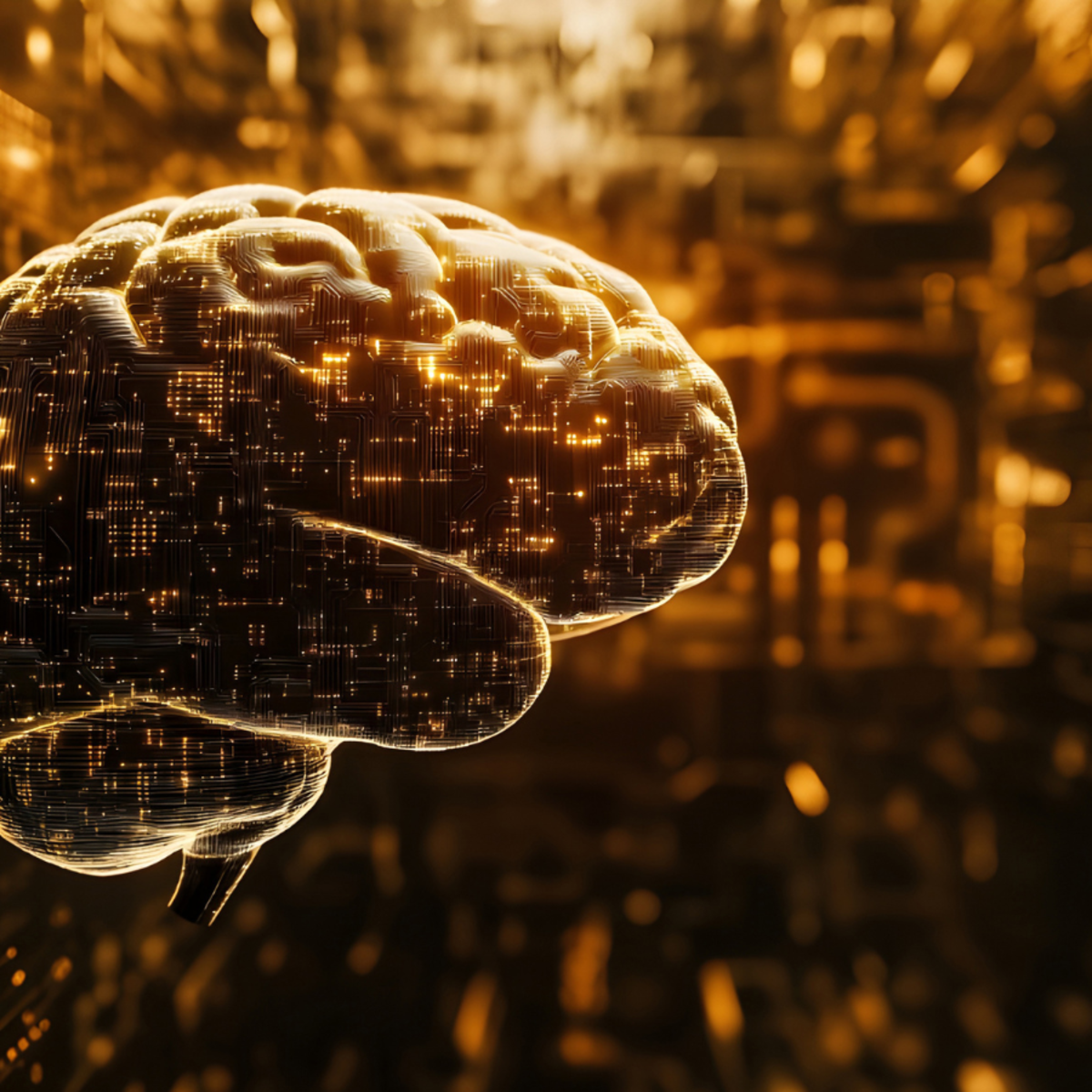 realistic human brain partially merging with circuit board and AI neural network patterns, soft ambient lighting, warm muted tones, subtle glow effect, slightly abstract but grounded in realism, ai generated.