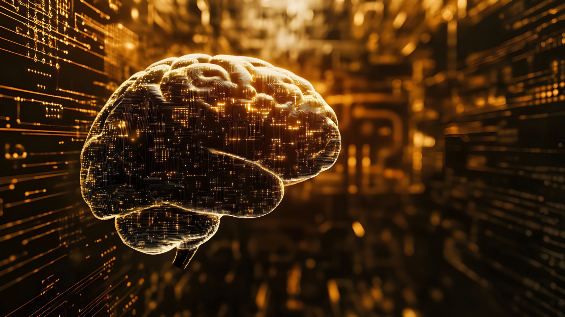 realistic human brain partially merging with circuit board and AI neural network patterns, soft ambient lighting, warm muted tones, subtle glow effect, slightly abstract but grounded in realism, ai generated.