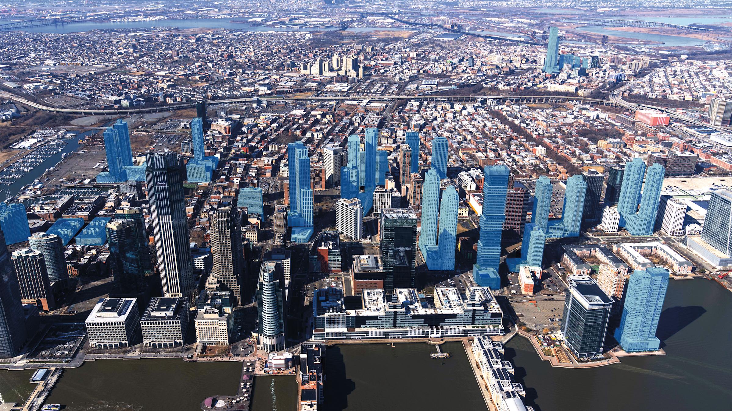 A bird’s eye view of the Jersey City Skyline on a clear day. Toward the middle of the photo, more than a dozen of the city’s buildings are shaded in light blue to denote the properties that alumni Anthony Diaco’s company has built.