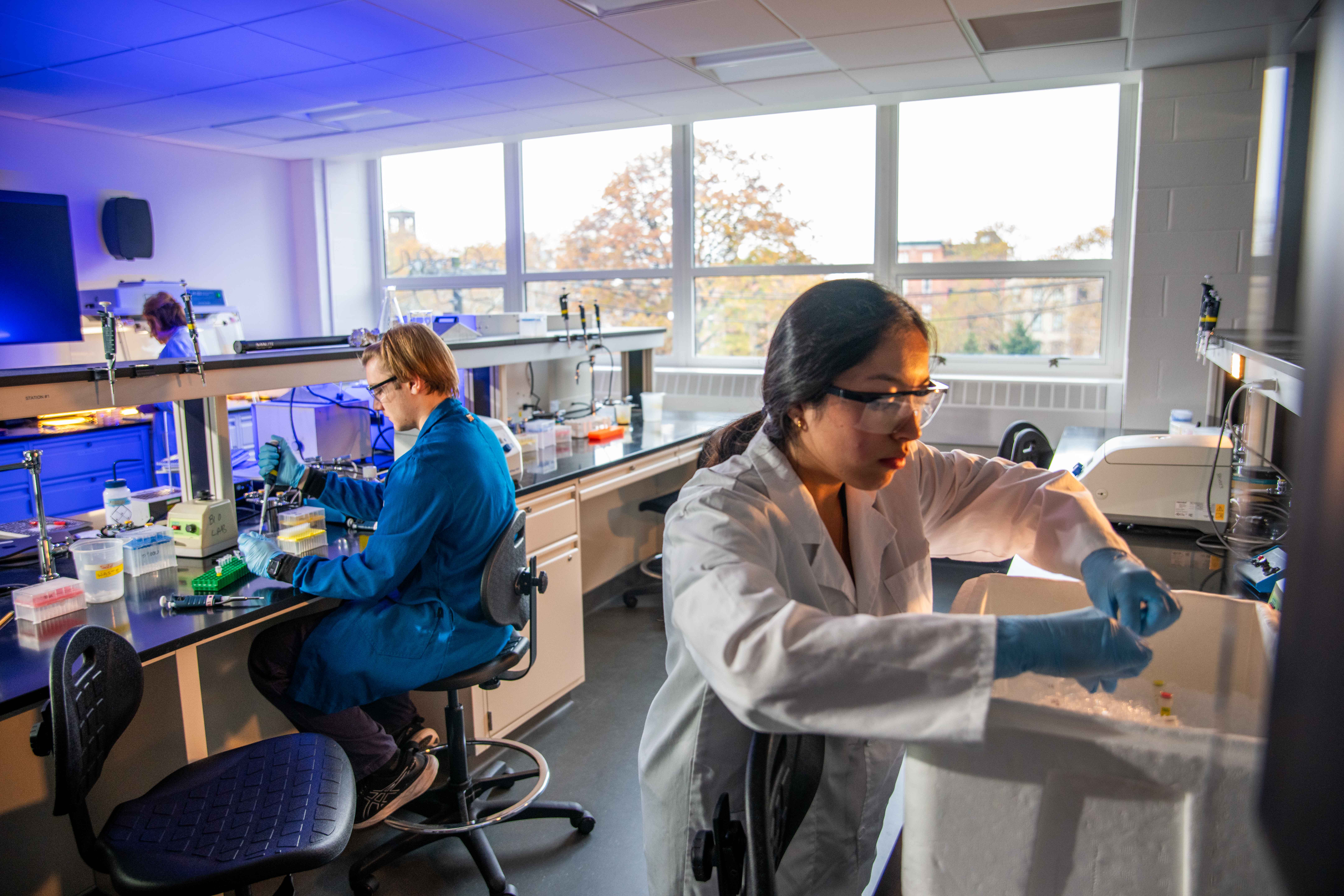 A photo of two students working with equipment in the newly renovated chemical biology teaching laboratory.