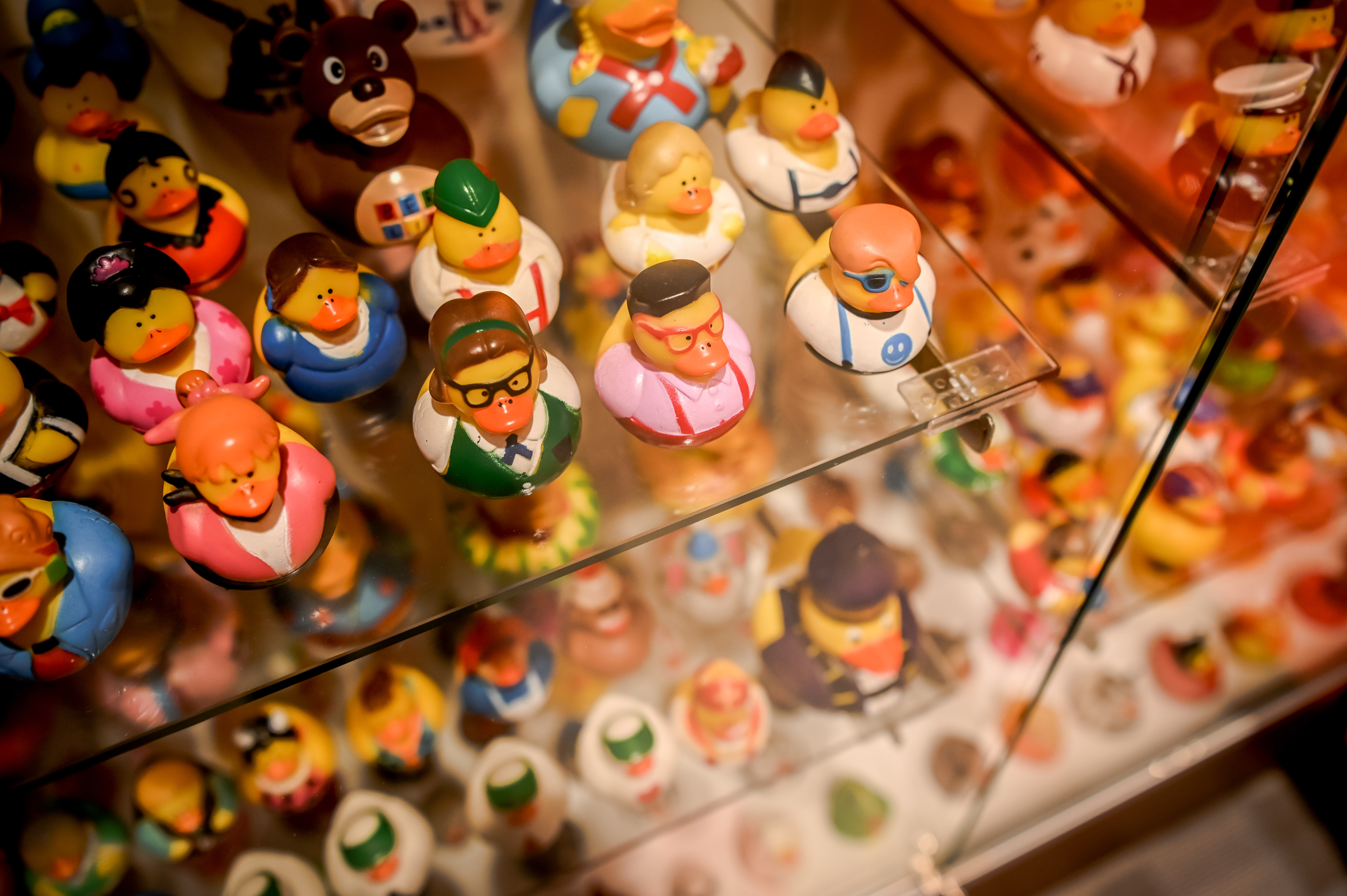 A collection of ridiculously dressed rubber duckies.