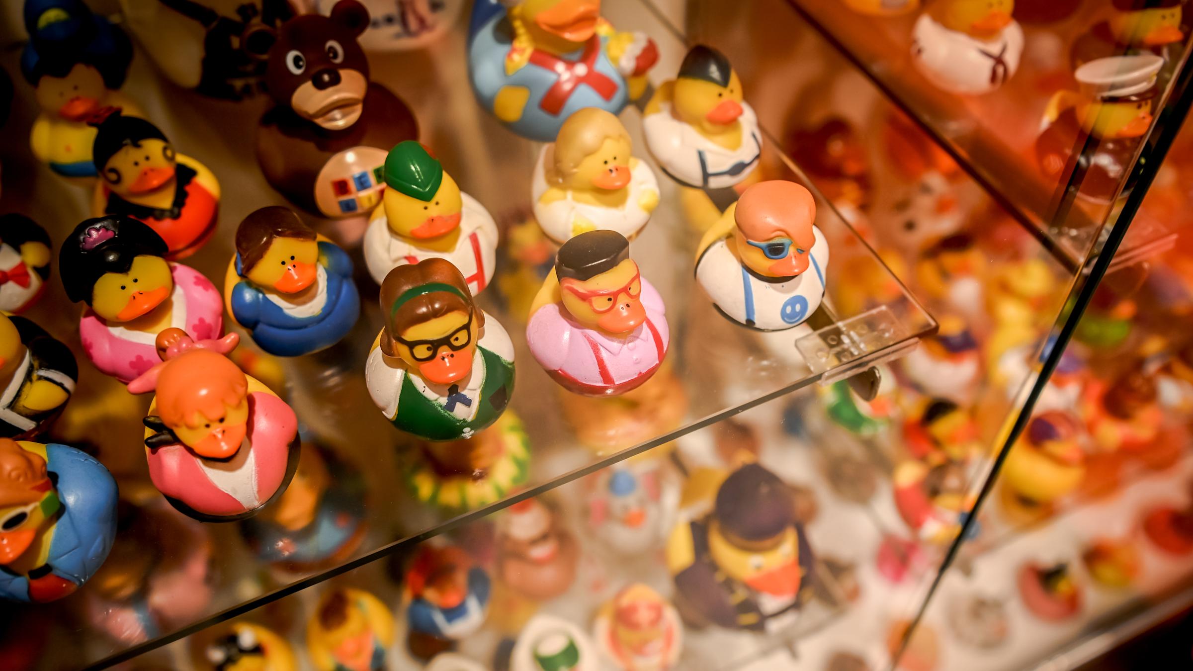 A collection of ridiculously dressed rubber duckies.