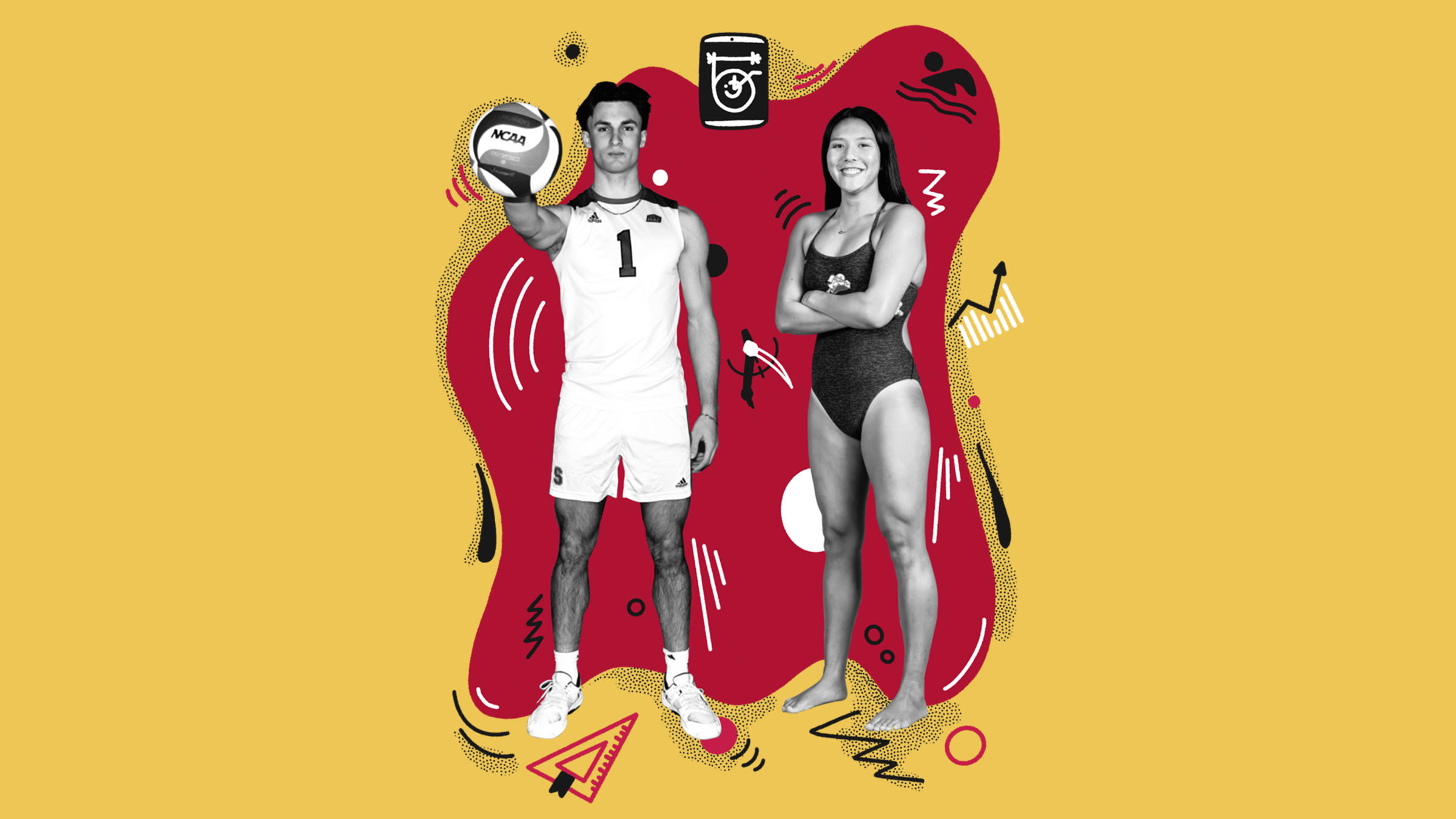 Image of two student athletes surrounded by energetic illustrations.