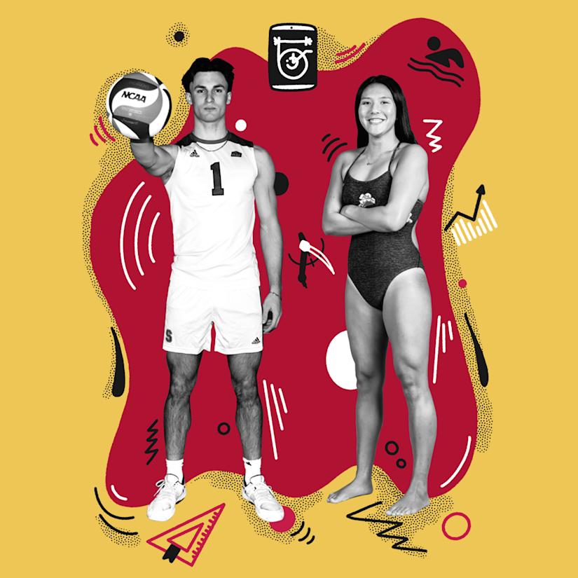 Image of two student athletes surrounded by energetic illustrations.