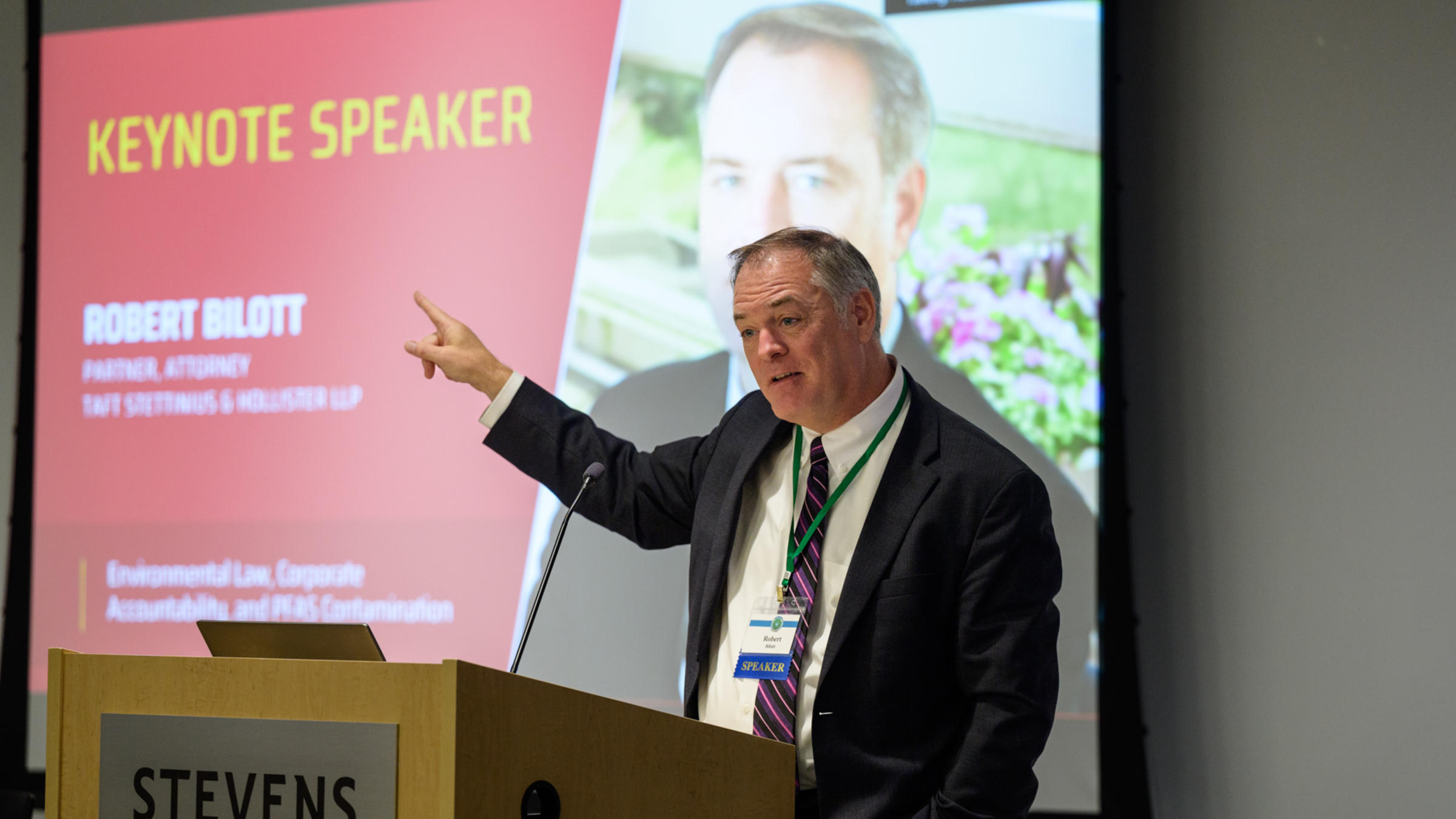 Attorney Robert Bilott, speaking about PFAS chemicals at 2024 Stevens event