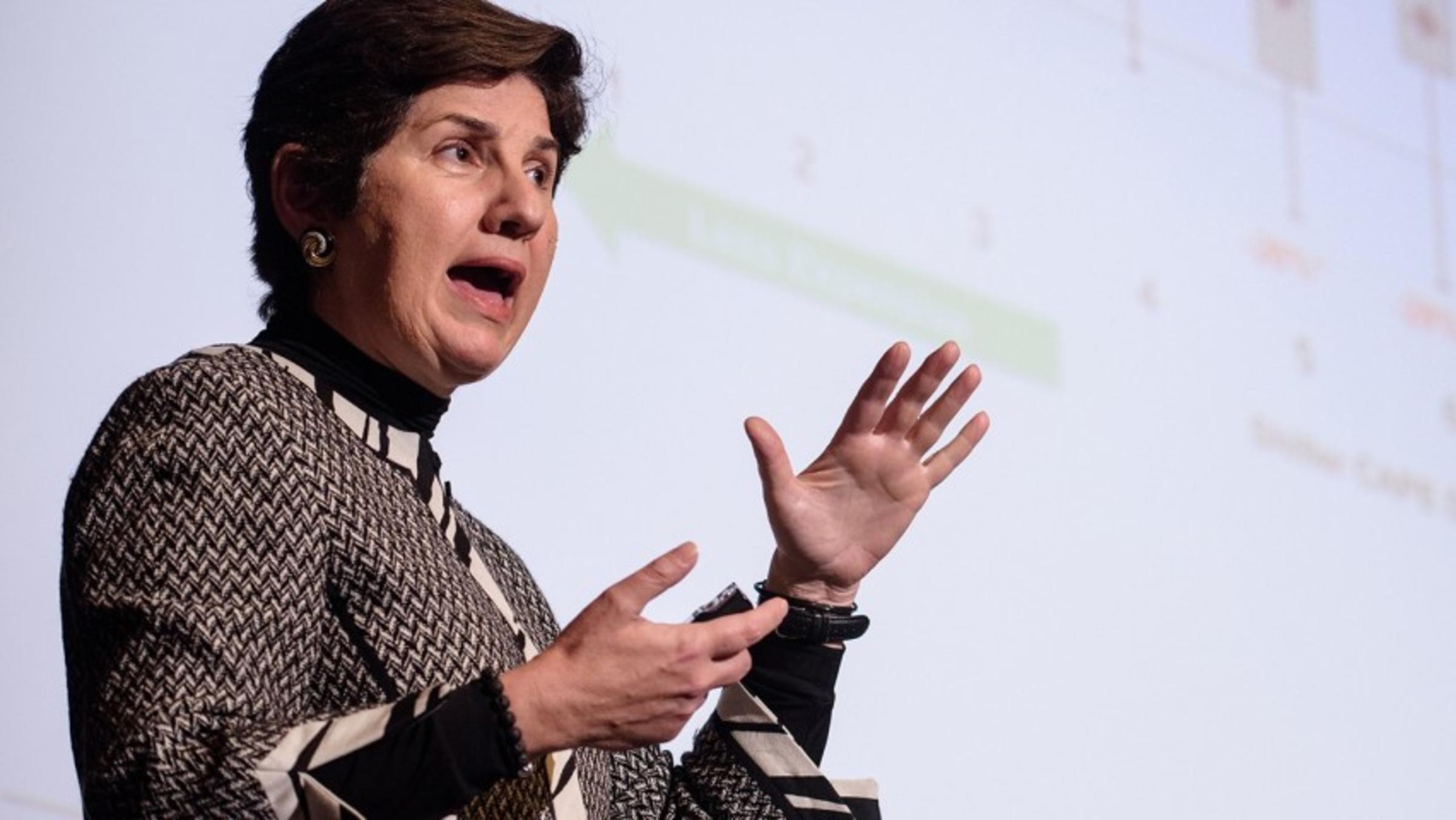 Sharmin Mossavar-Rahmani giving a speech on stage