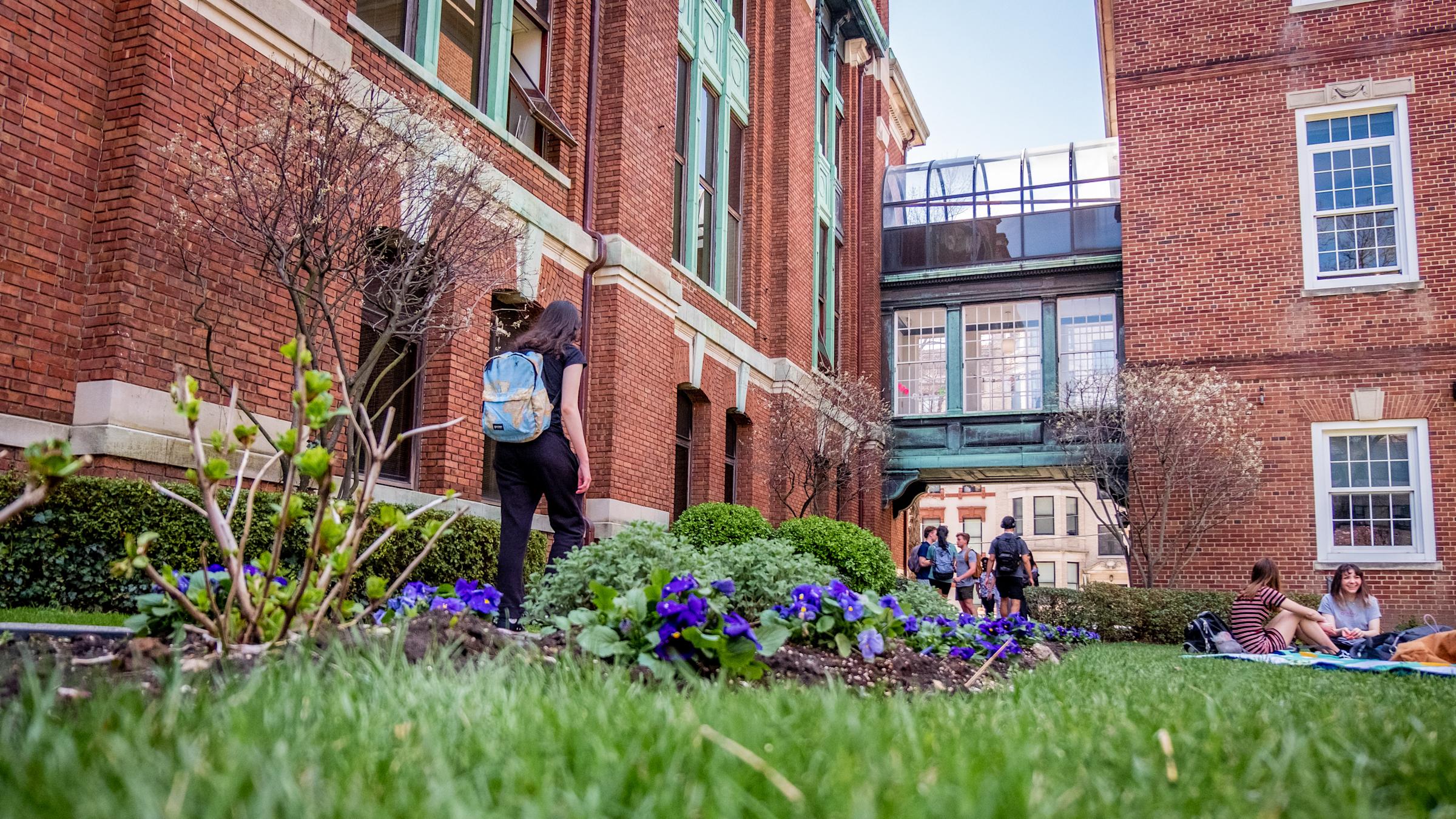 A ground-level view of the Morton-Kidde-Peirce Complex exterior in the spring.