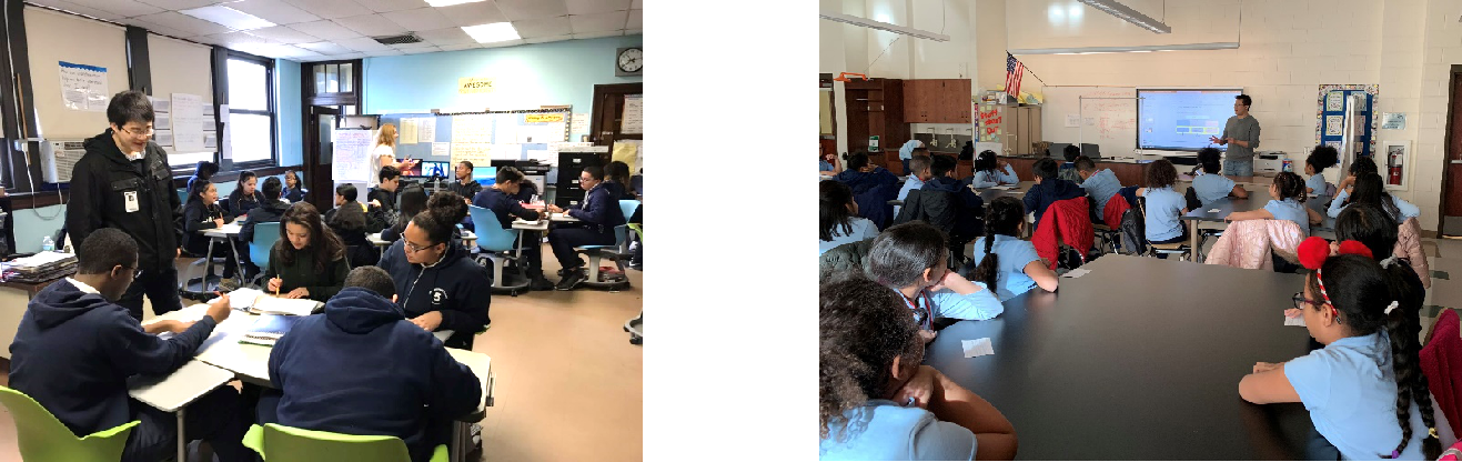 Yi Bao with students in a classroom