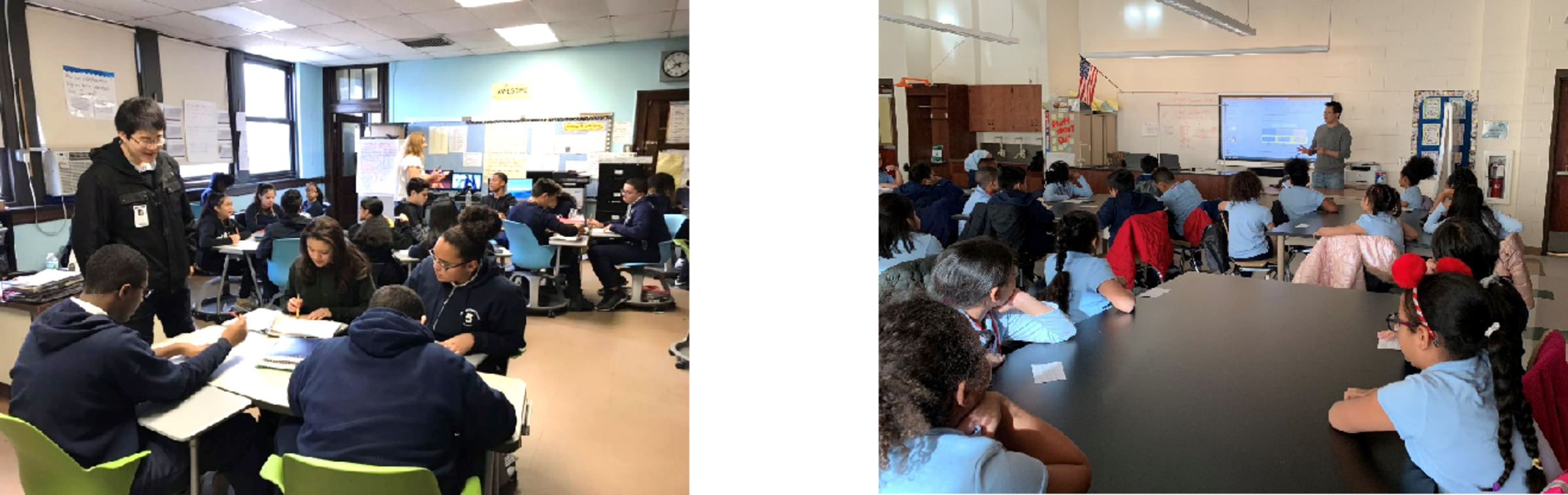 Yi Bao with students in a classroom