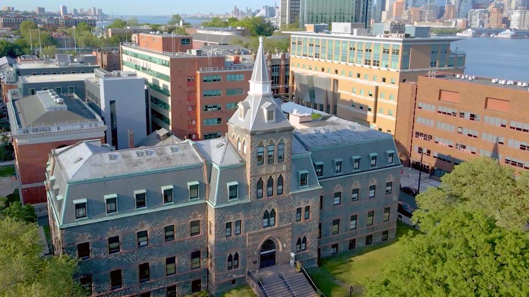 Overhead view of Stevens campus with EAS building in foreground.