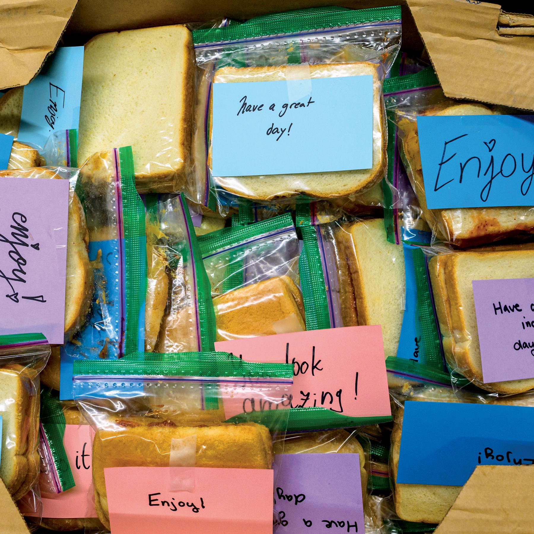 Box of sandwiches in clear, individual plastic bags, with short messages on each written on blue, purple and pink Post-It notes.