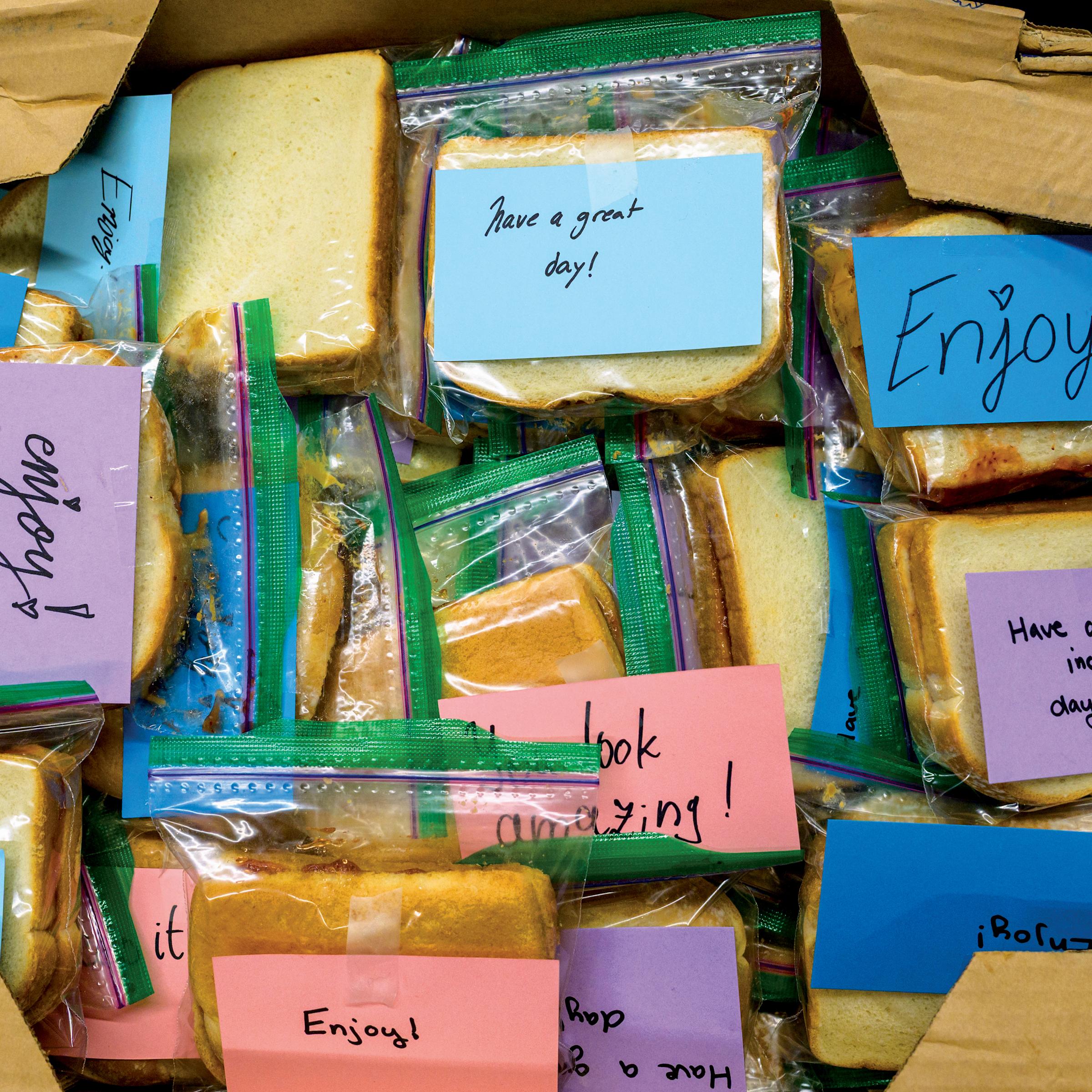 Box of sandwiches in clear, individual plastic bags, with short messages on each written on blue, purple and pink Post-It notes.