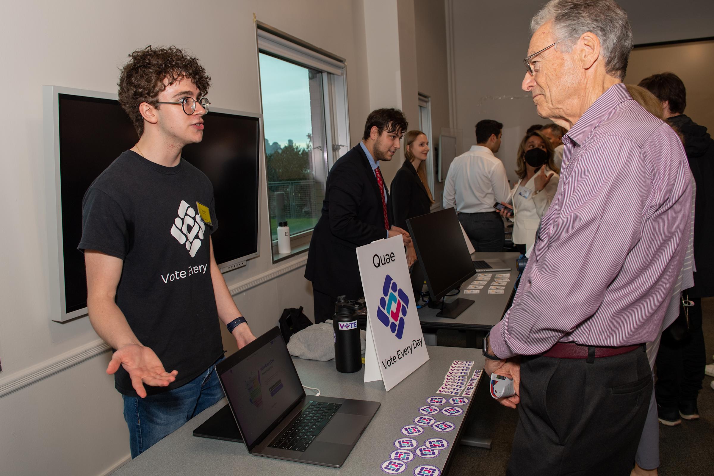 Samuel Schmitt ’23 of Quae presents his venture to Stevens alumni and friends at The Power of Stevens campaign celebration