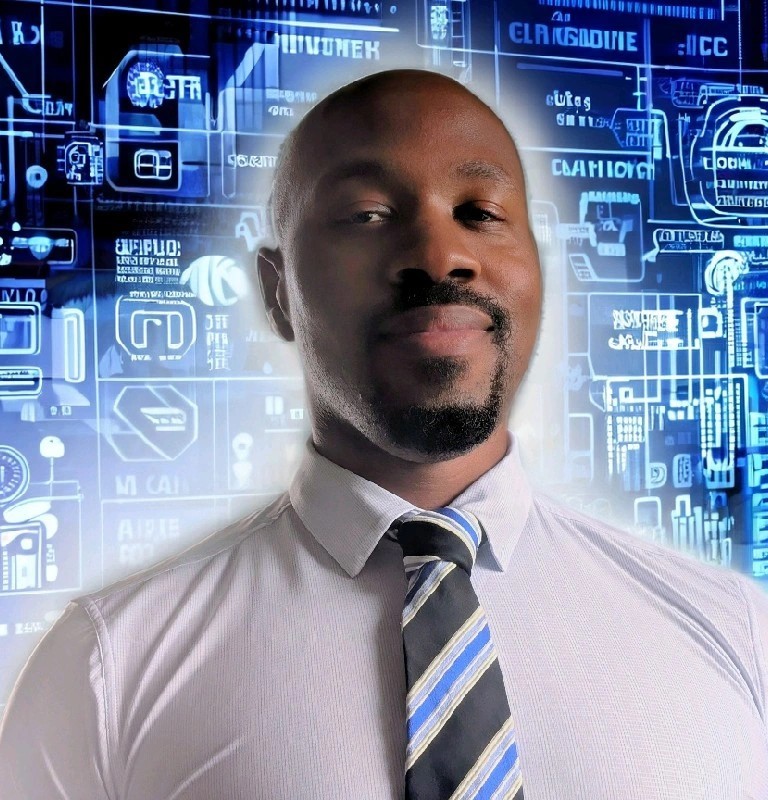 ShaQ Thomas ’15 M.Eng. ’21 headshot with blue background of tech and computer graphics
