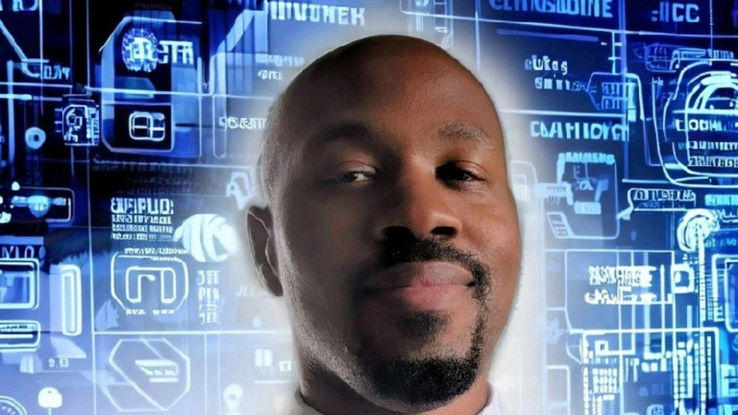 ShaQ Thomas ’15 M.Eng. ’21 headshot with blue background of tech and computer graphics