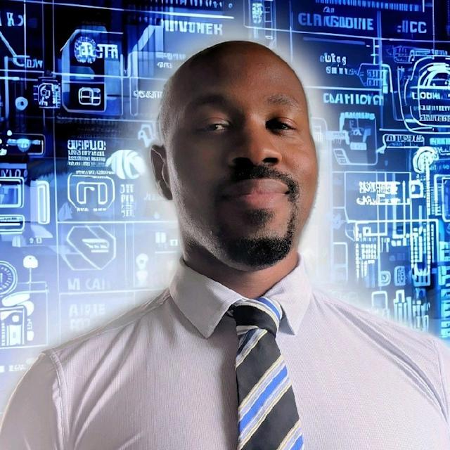 ShaQ Thomas ’15 M.Eng. ’21 headshot with blue background of tech and computer graphics