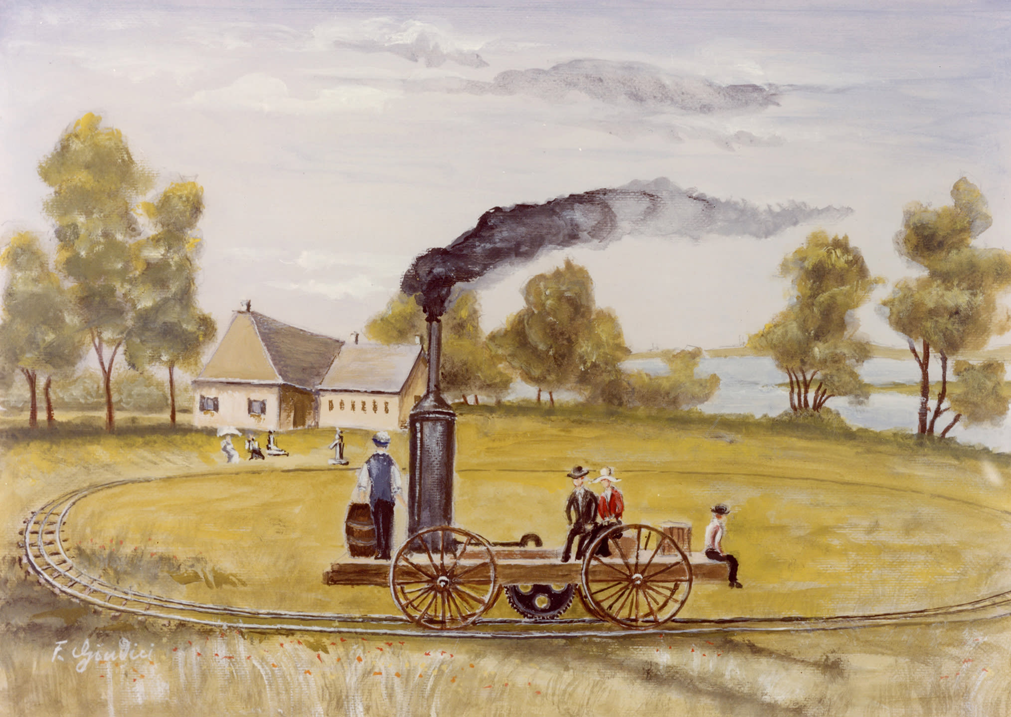 Watercolor painting of early steam locamotive on a circular track with four people aboard.