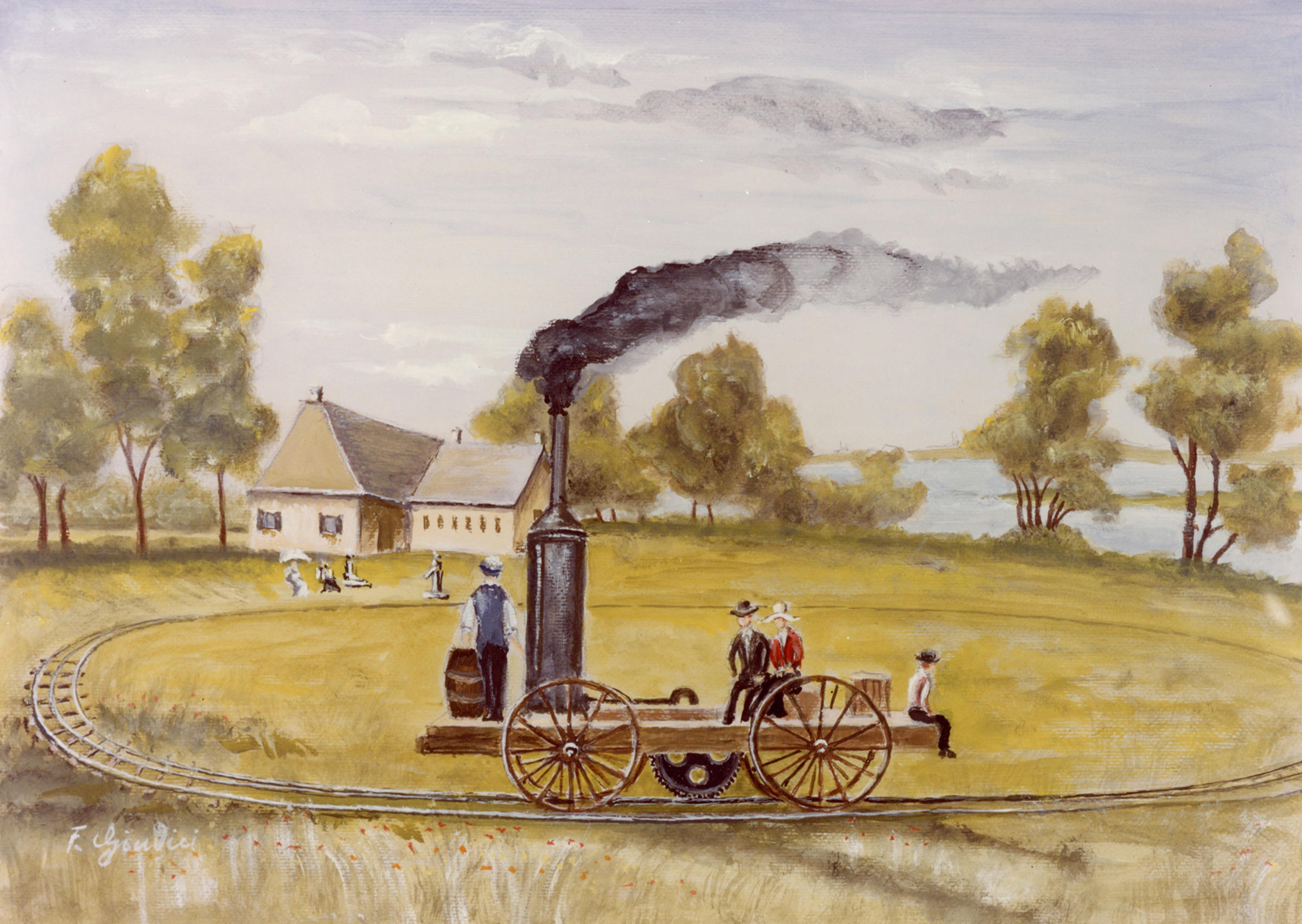 Watercolor painting of early steam locamotive on a circular track with four people aboard.